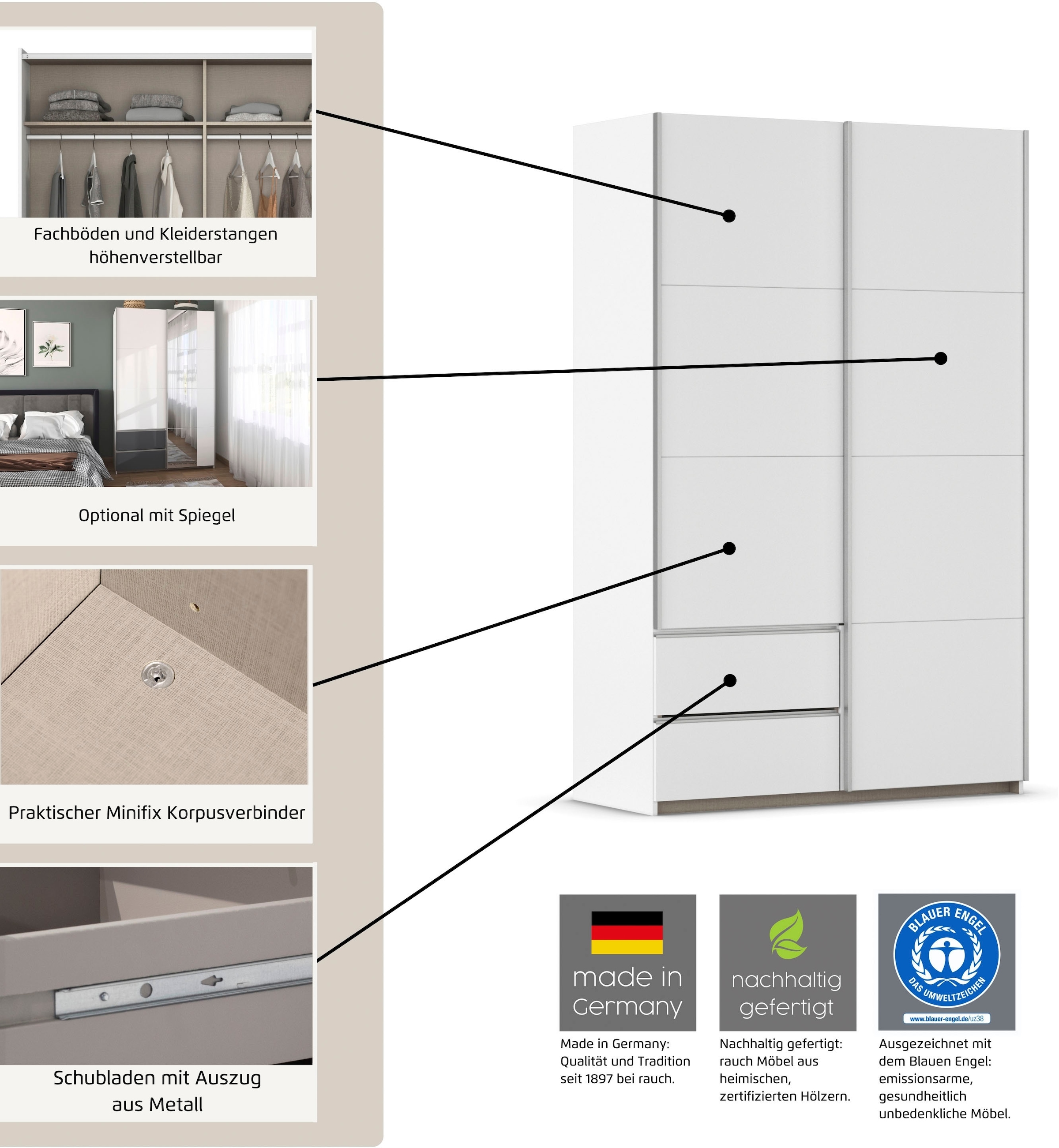 rauch Schwebetürenschrank »Kleiderschrank Schrank Garderobe Wäscheschrank SEVILLA«, (in 3 verschiedenen Ausstattungen BASIC/CLASSIC/PREMIUM), Metall-Griffleisten alufarben oder Graumetallic MADE IN GERMANY