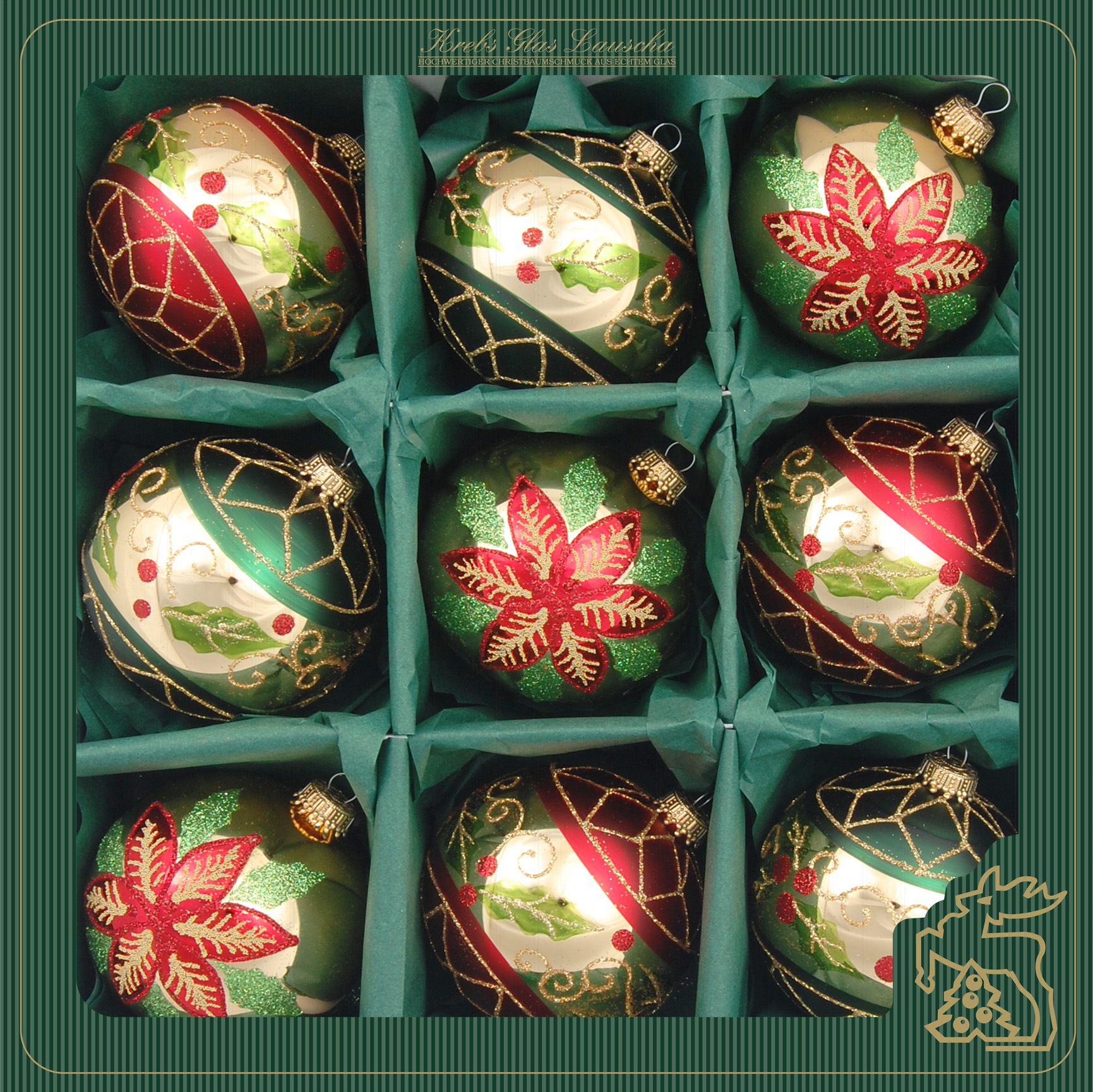 Krebs Glas Lauscha Weihnachtsbaumkugel »KGL03372, Weihnachtsdeko, Christbaumschmuck, Christbaumkugeln Glas«, (Set, 9 St.), aus Glas, mit Blattdekor