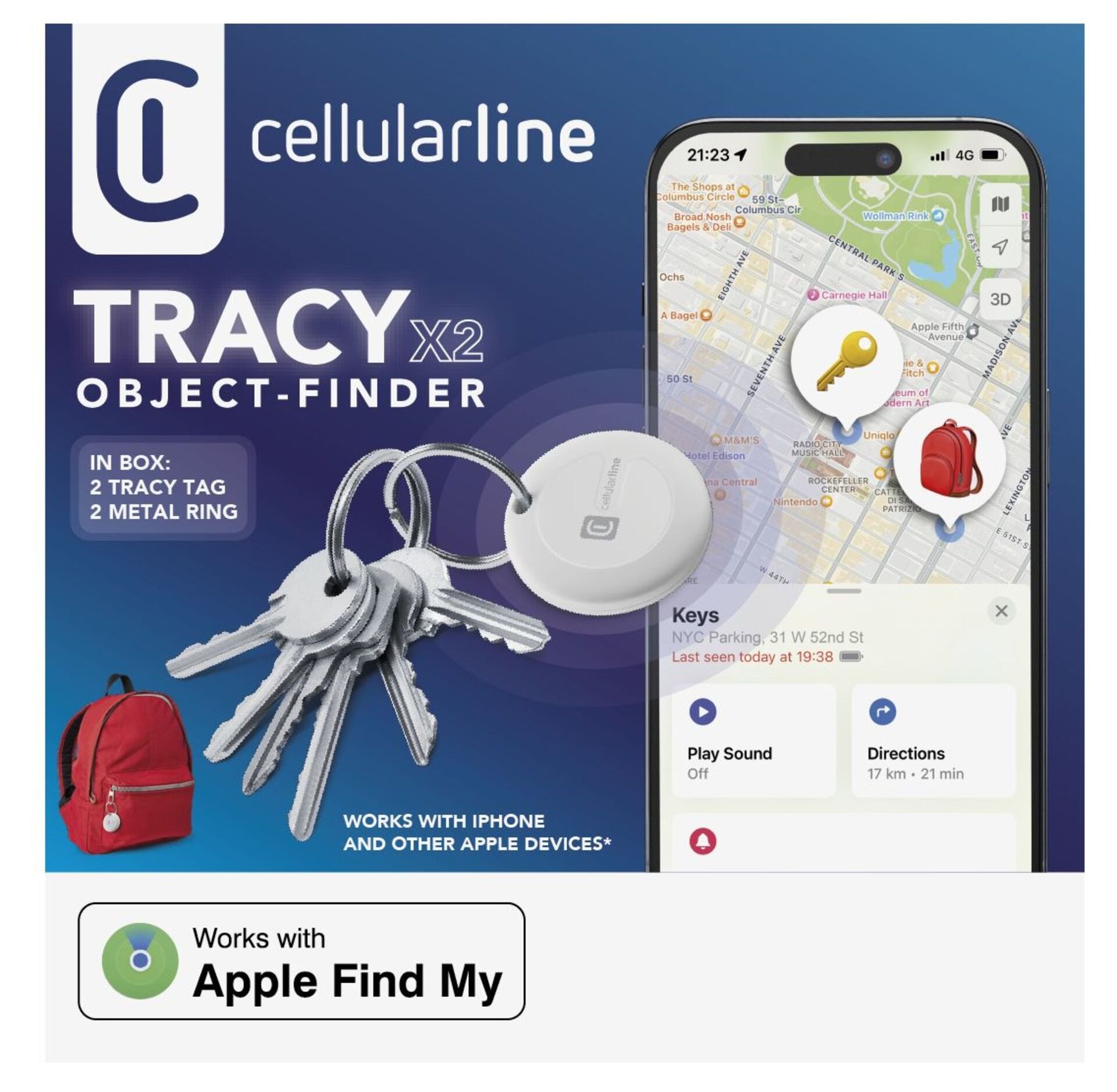 Cellularline GPS-Tracker »Bluetooth Item Finder Tracy Duo«, (Packung, 2 St., bestehend aus 2x Item Finder Tracy), IP67, unterstützt Apple Find My, Doppelpack