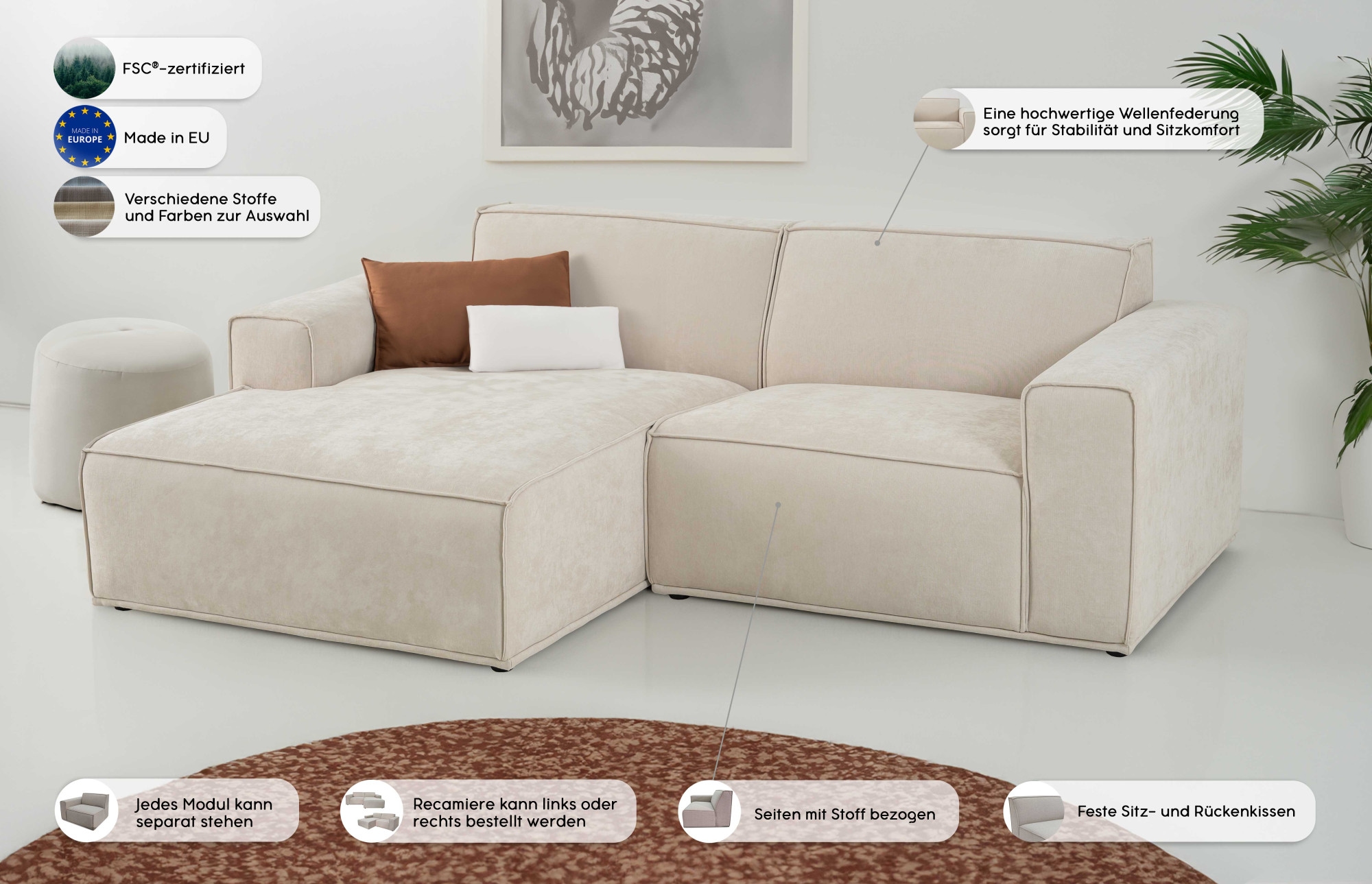 Home affaire Ecksofa »Avelin, 228 cm, L-Form, Chenille, Struktur-Boucle«, mit Wellenunterfederung, Kedernaht, bodentief, Skandi-Design