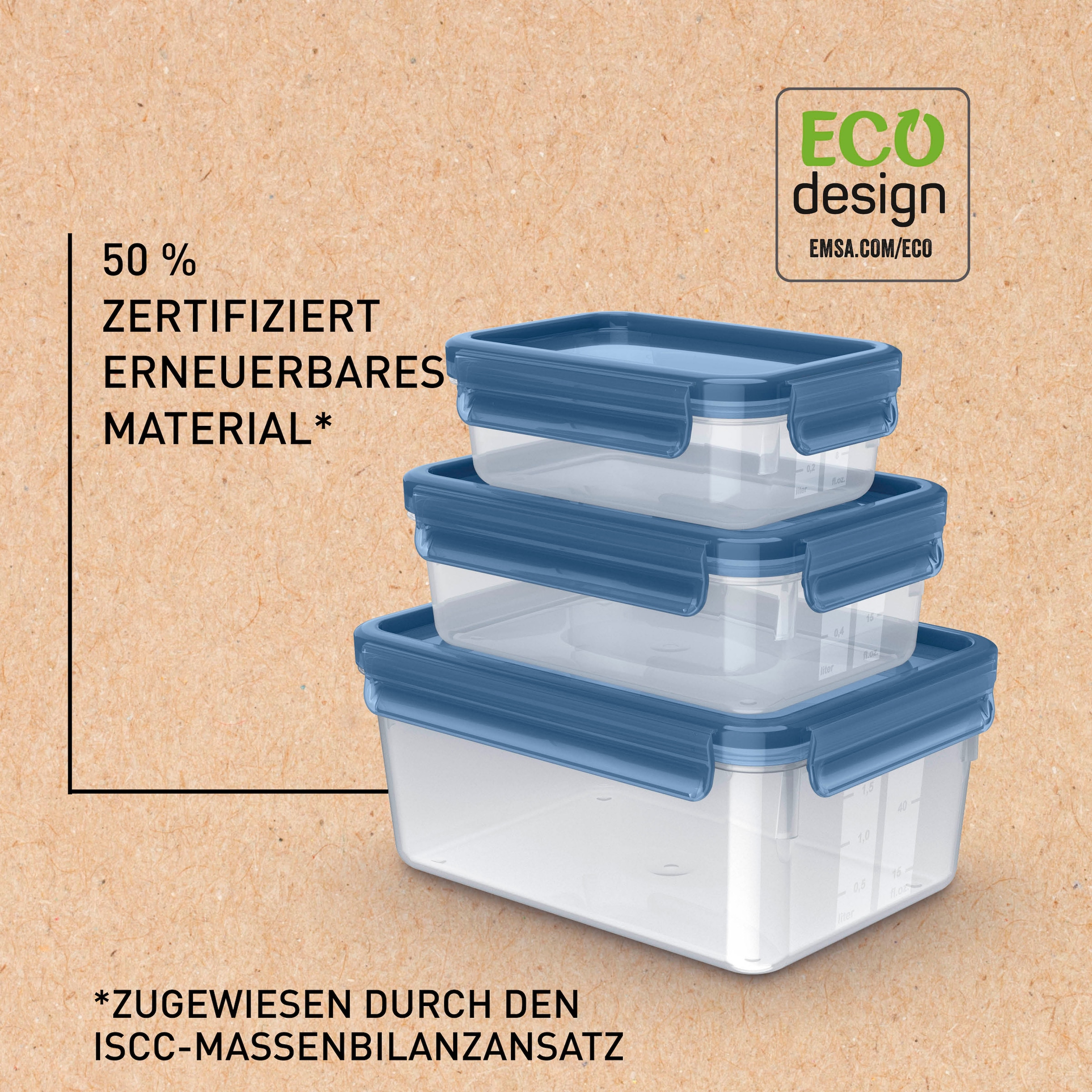 Emsa Frischhaltedose »Clip & Close Eco«, (Set, 3 tlg.), 0,55/1/2,2 l, 100% dicht, mikrowellen-/spülmaschinen-/gefriergeeignet