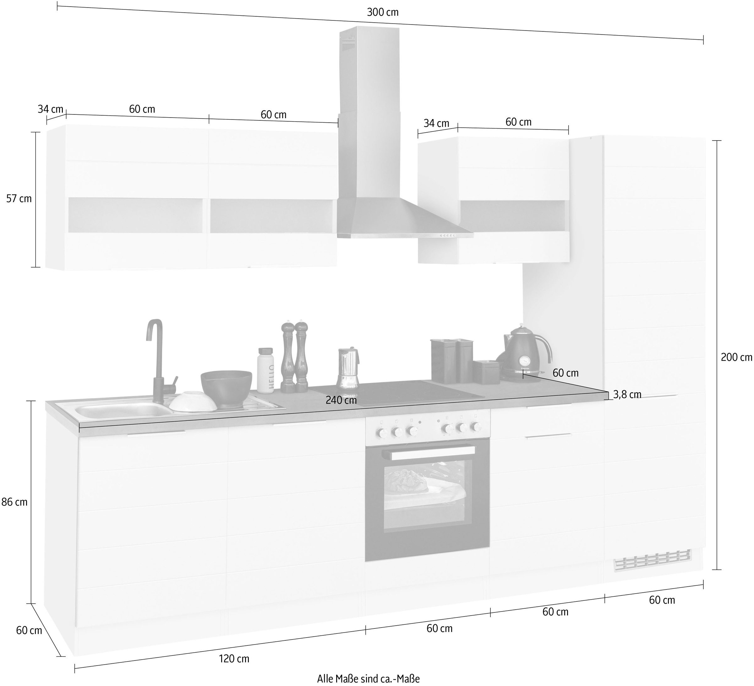 KOCHSTATION Küchenzeile »KS-Luhe« 300 cm breit, wahlweise mit oder ohne E-Geräten, gefräste MDF-Fronten