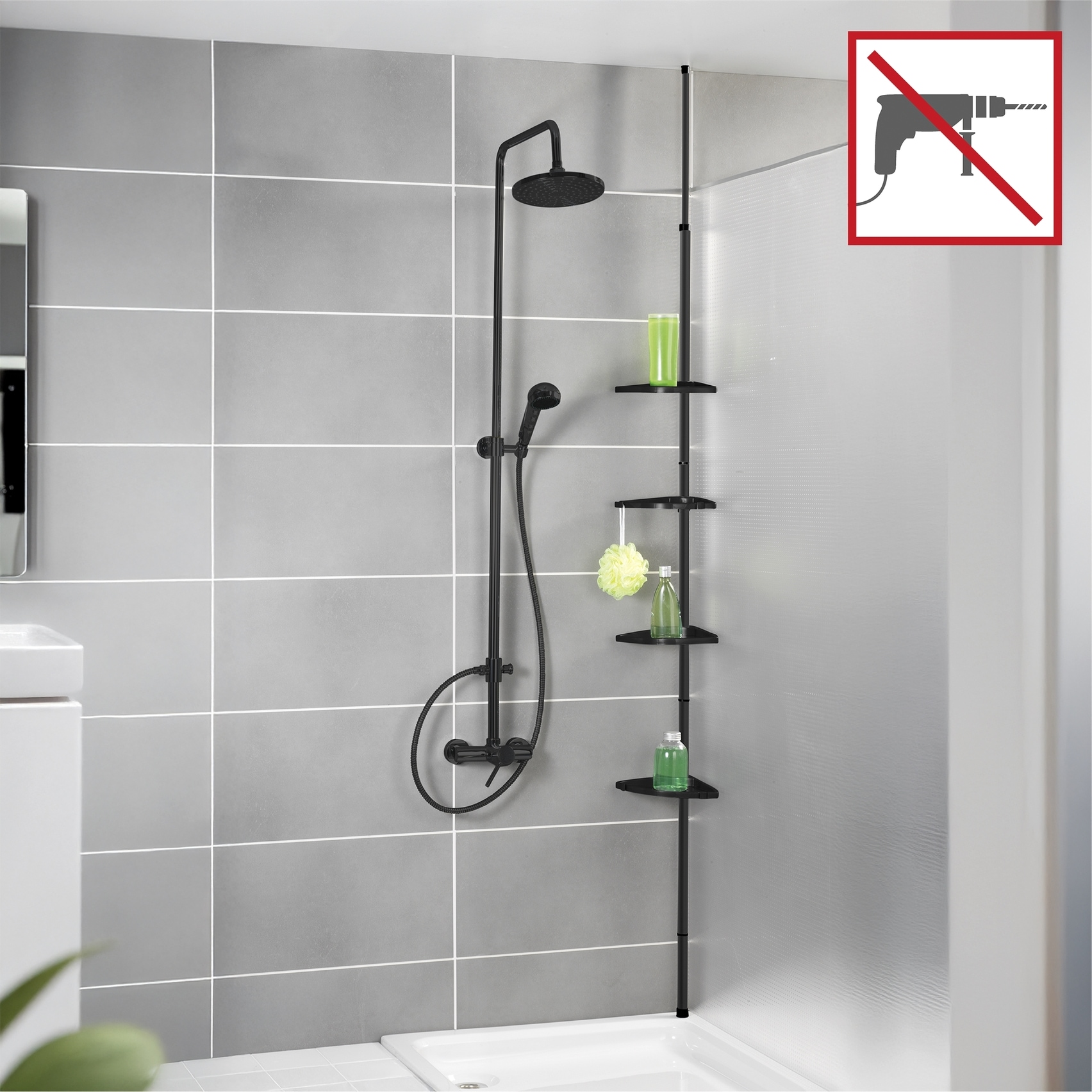 WENKO Duschregal »Compact« Eckregal mit 4 Ablagen und 8 Haken, Montage ohne Bohren, Aluminium