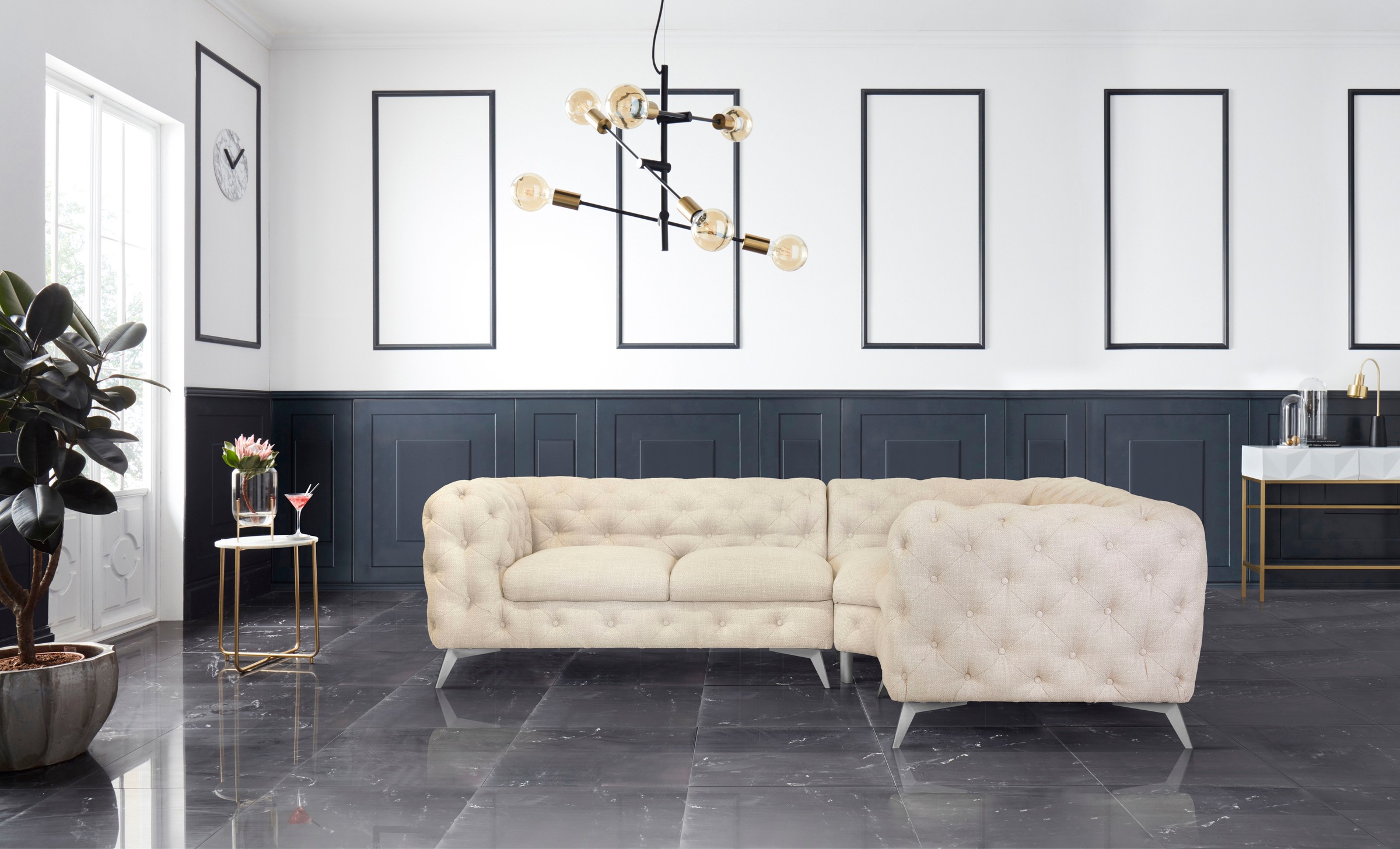 Leonique Chesterfield-Sofa »Ecksofa GLYNIS L-Form mit Wellenunterfederung, Maße B/T/H 264/204/75cm«, aufwändige Knopfheftung, moderne Chesterfield Optik, Fußfarbe wählbar