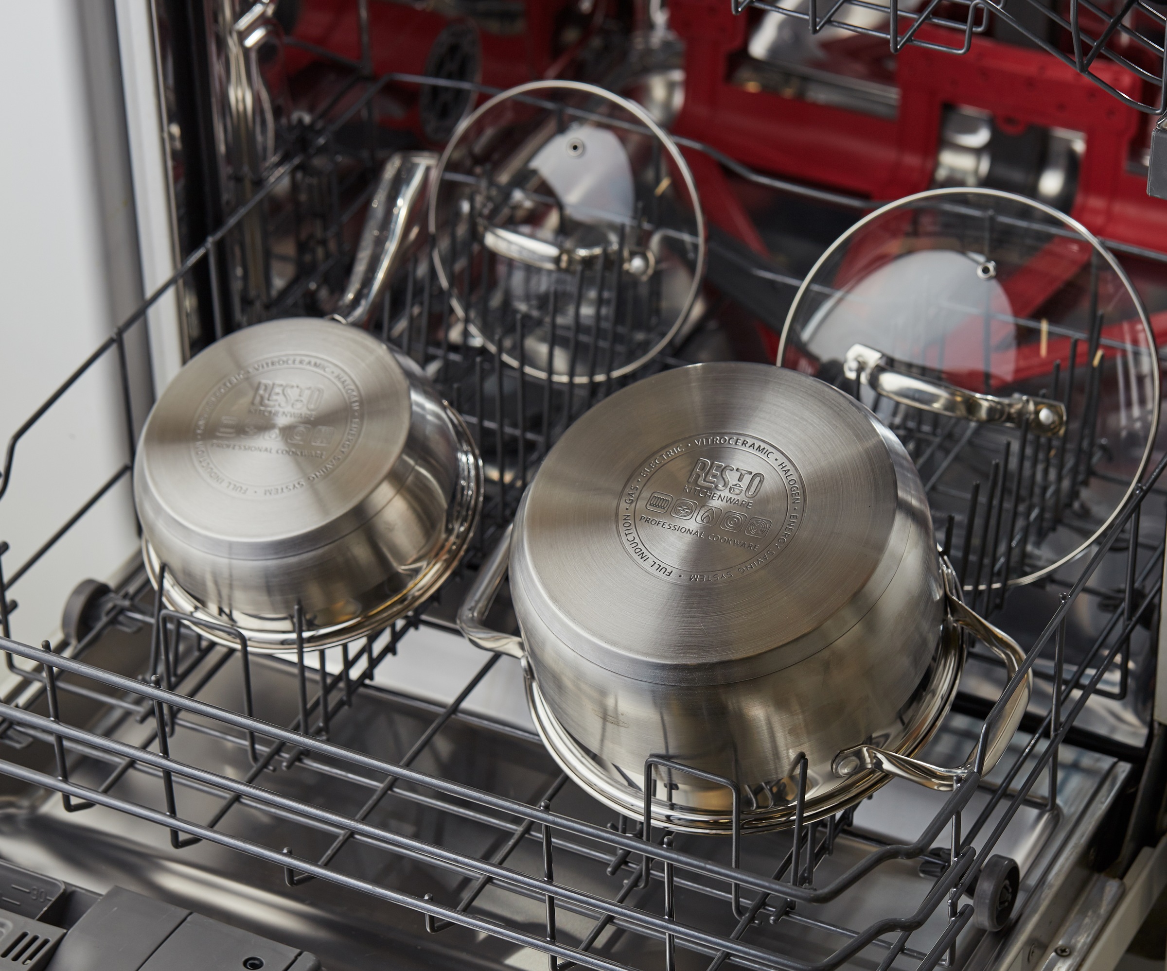 RESTO Kitchenware Topf-Set »LIBRA, spülmaschinengeeignet« Set, 1x Soßentopf Ø 16 cm mit Deckel, je 2x Kochtopf Ø 18/20 cm mit Deckel, 6 tlg. Edelstahl 18/10