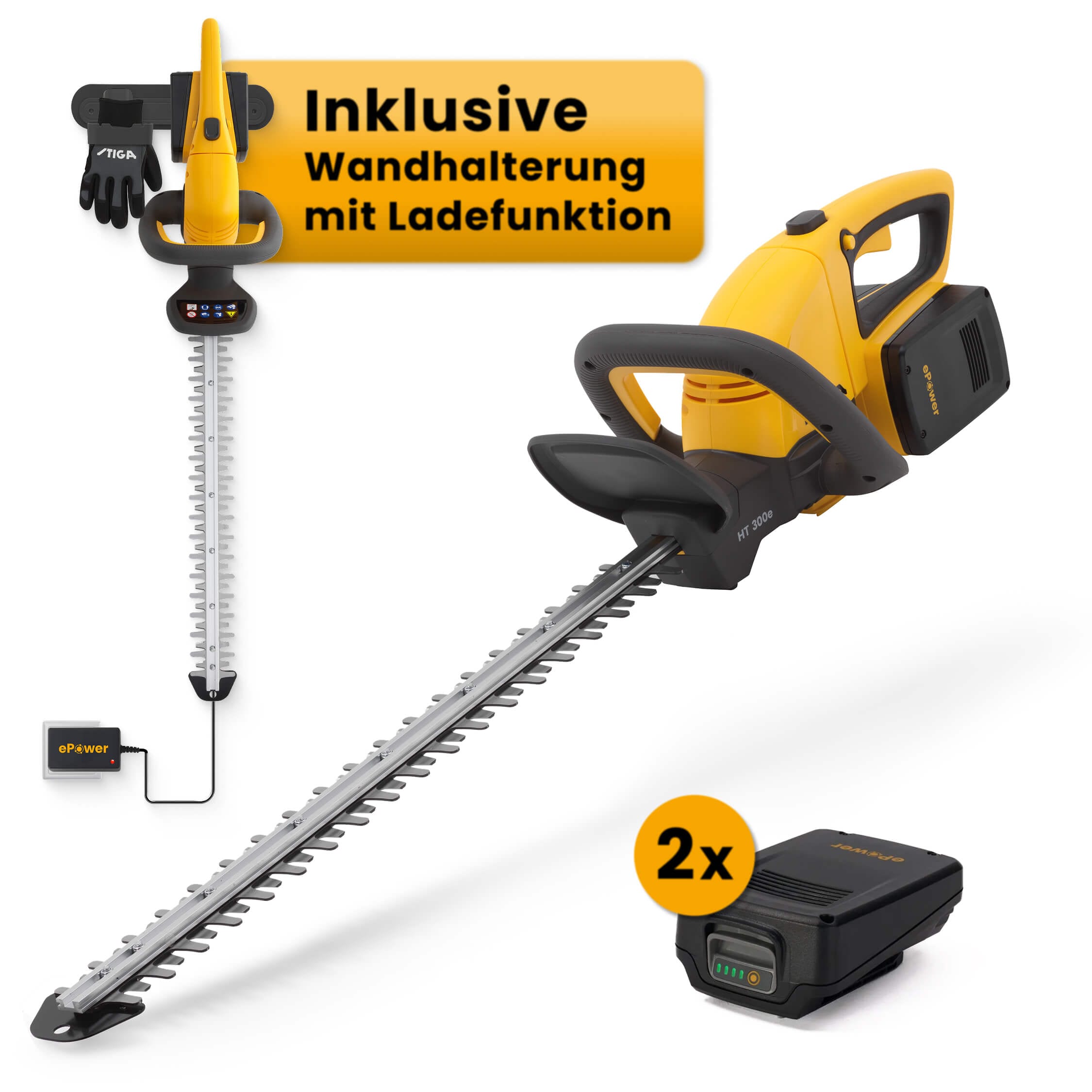 STIGA GARDEN Akku-Heckenschere "HT 300e" (Set, Inkl. 2x 20 V (2 Ah) Akku, Schutzhülle, Wandhalterung und Ladegerät, ) 54 cm Schnittlänge