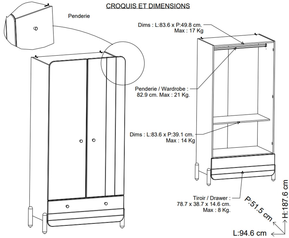 Demeyere GROUP Kinderkleiderschrank, Kinderkleiderschrank 1 Schublade