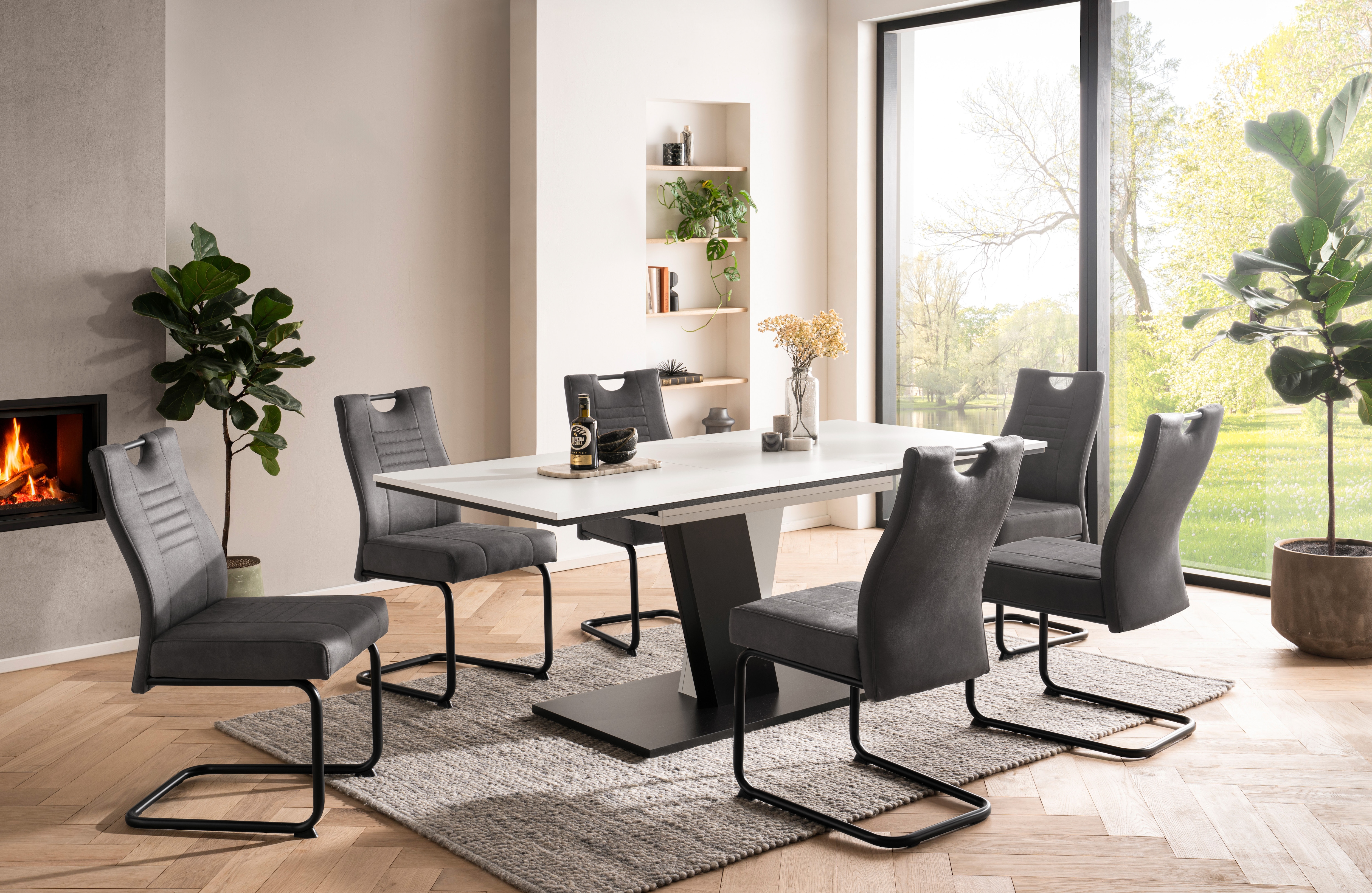 OTTO home Essgruppe ""Altona", Esstisch ausziehbar plus 6 Stühle" Esstisch ausziehbar 140 - 180 cm, 6 Freischwinger, 7 tlg. tlg. Säulentisch 140-180x90 cm, Stuhl mit Federkorb, 140 kg belastbar
