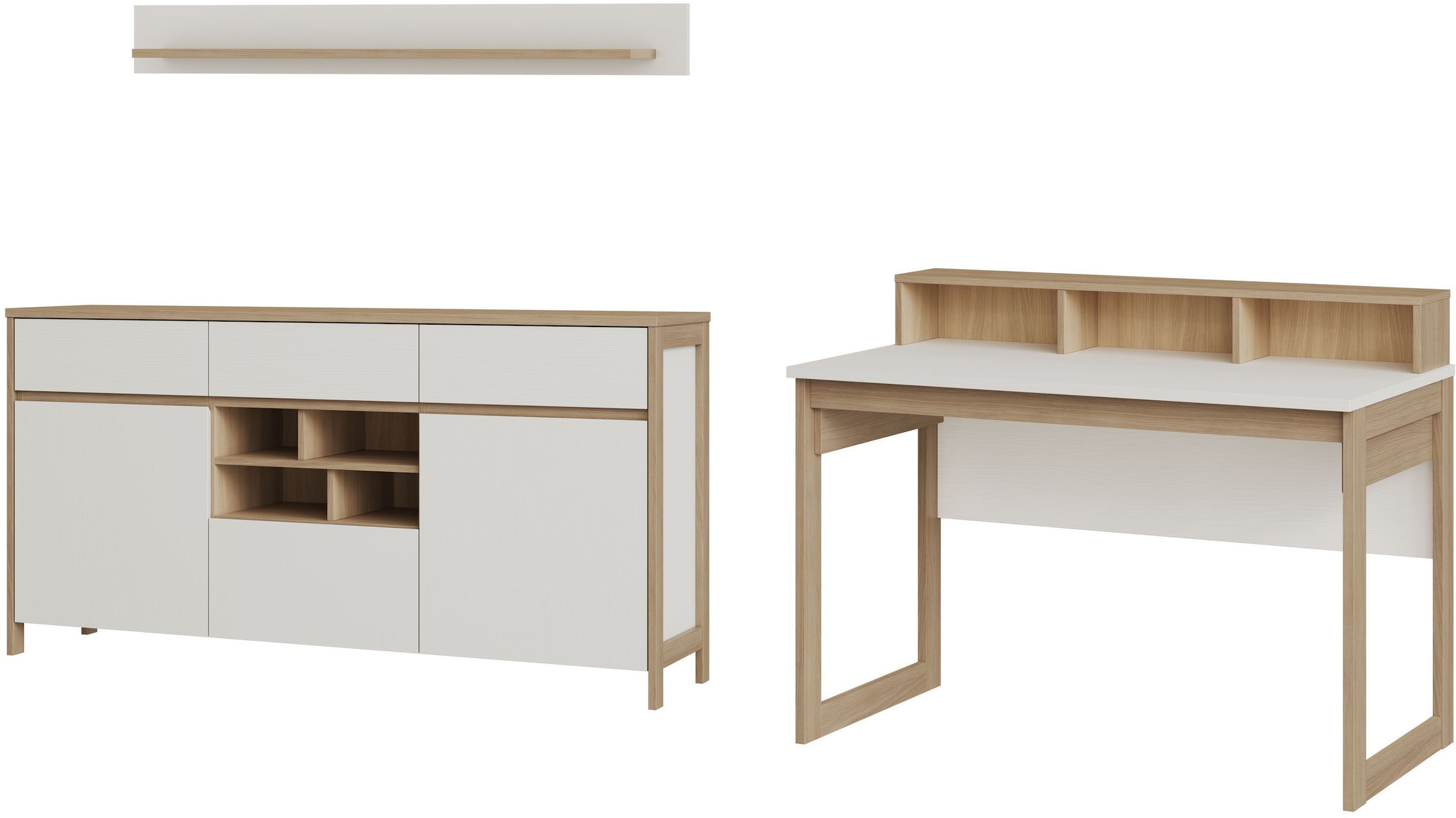 Home affaire Büromöbel-Set »Stranda im Scandi-Style, Home Office, Büro in zwei Farben verfügbar«, (3 tlg.), enthält Schreibtisch, Sideboard und Wandboard