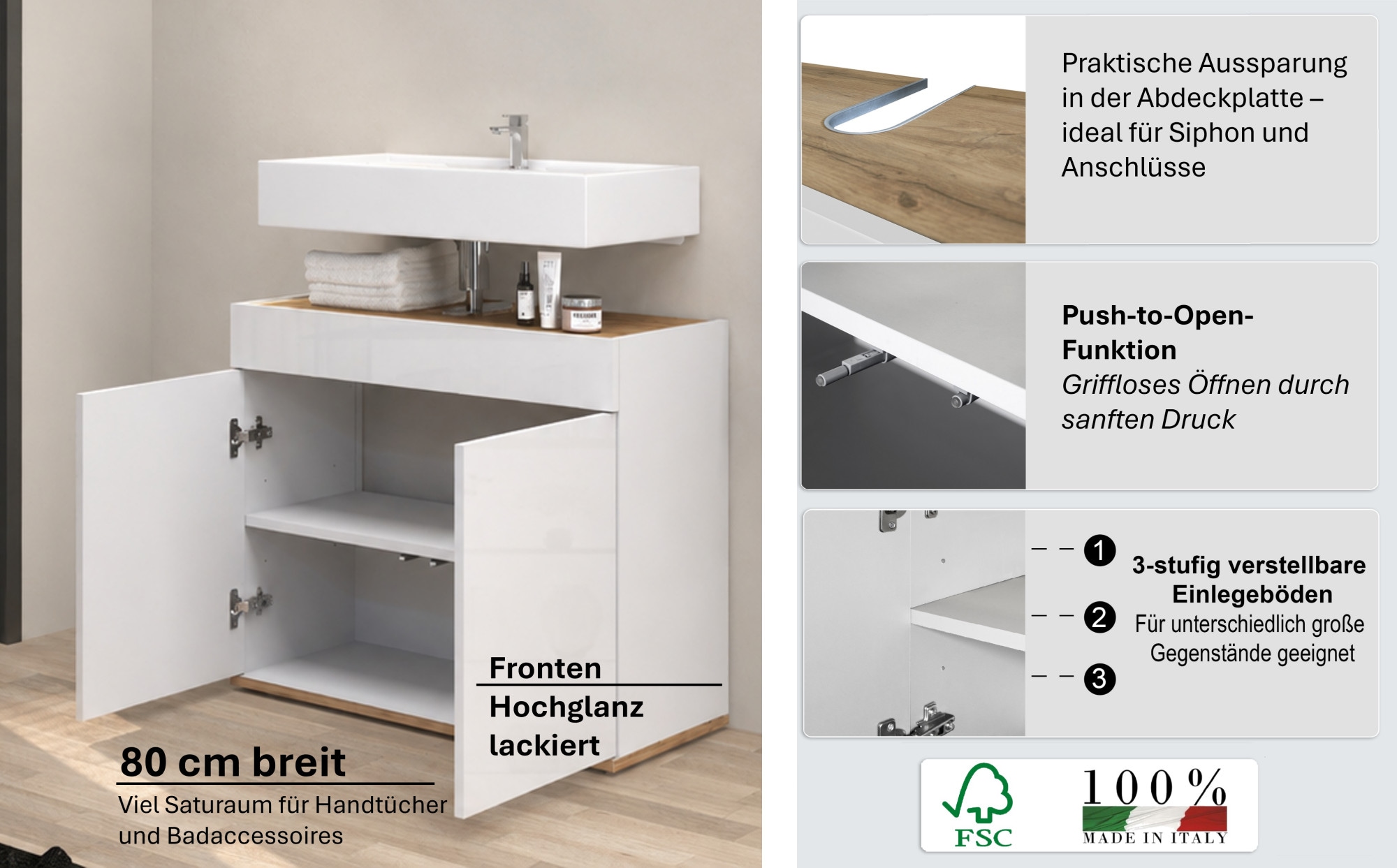welltime Waschbeckenunterschrank »Garda« 1 Stk. tlg. Made in Italy, Fronten Hochglanz lackiert, viel Saturaum