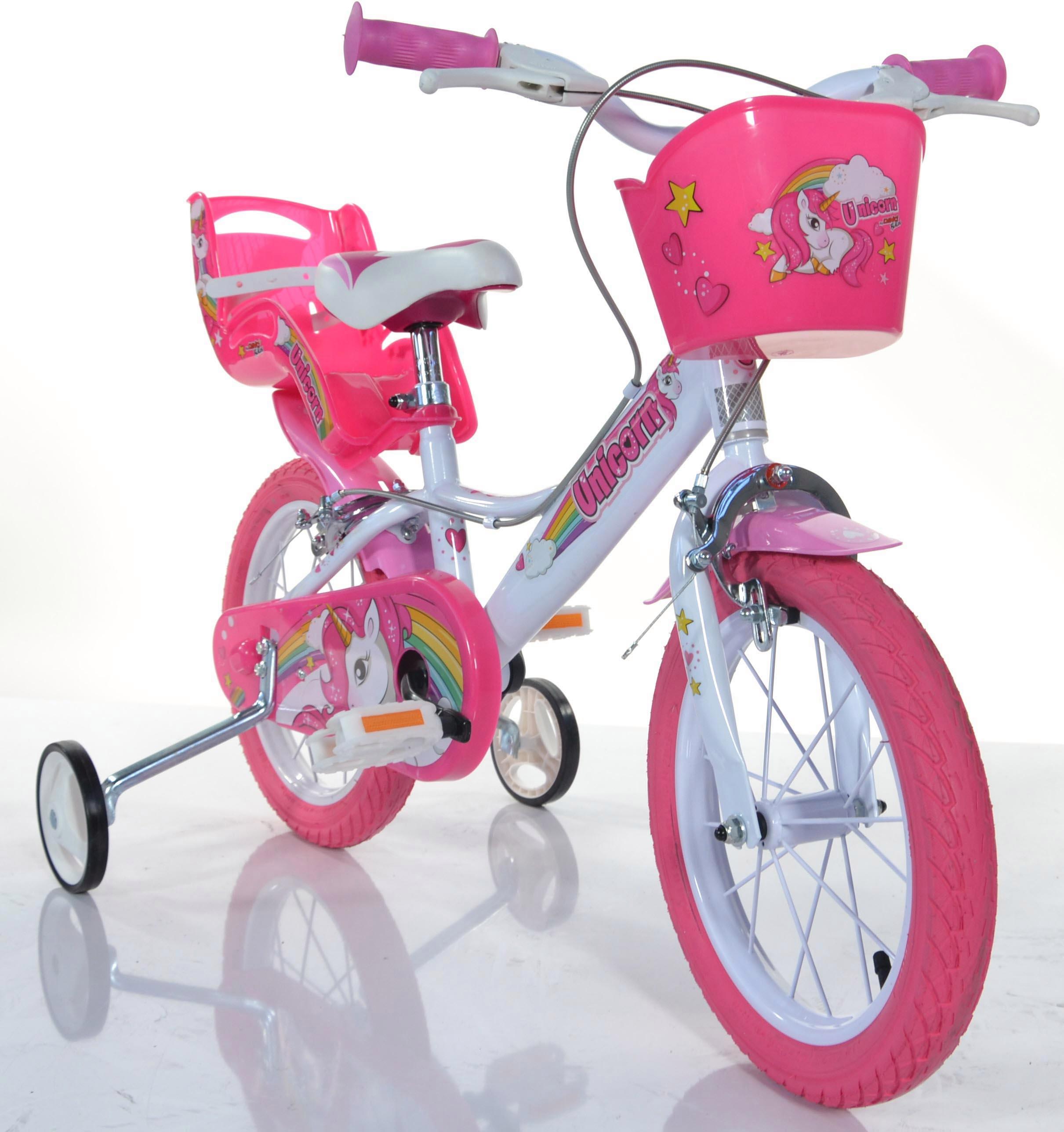 Thumbnail - Dino Bikes Kinderfahrrad "Unicorn Einhorn" 1 Gang mit Stützrädern, Korb und Puppensitz