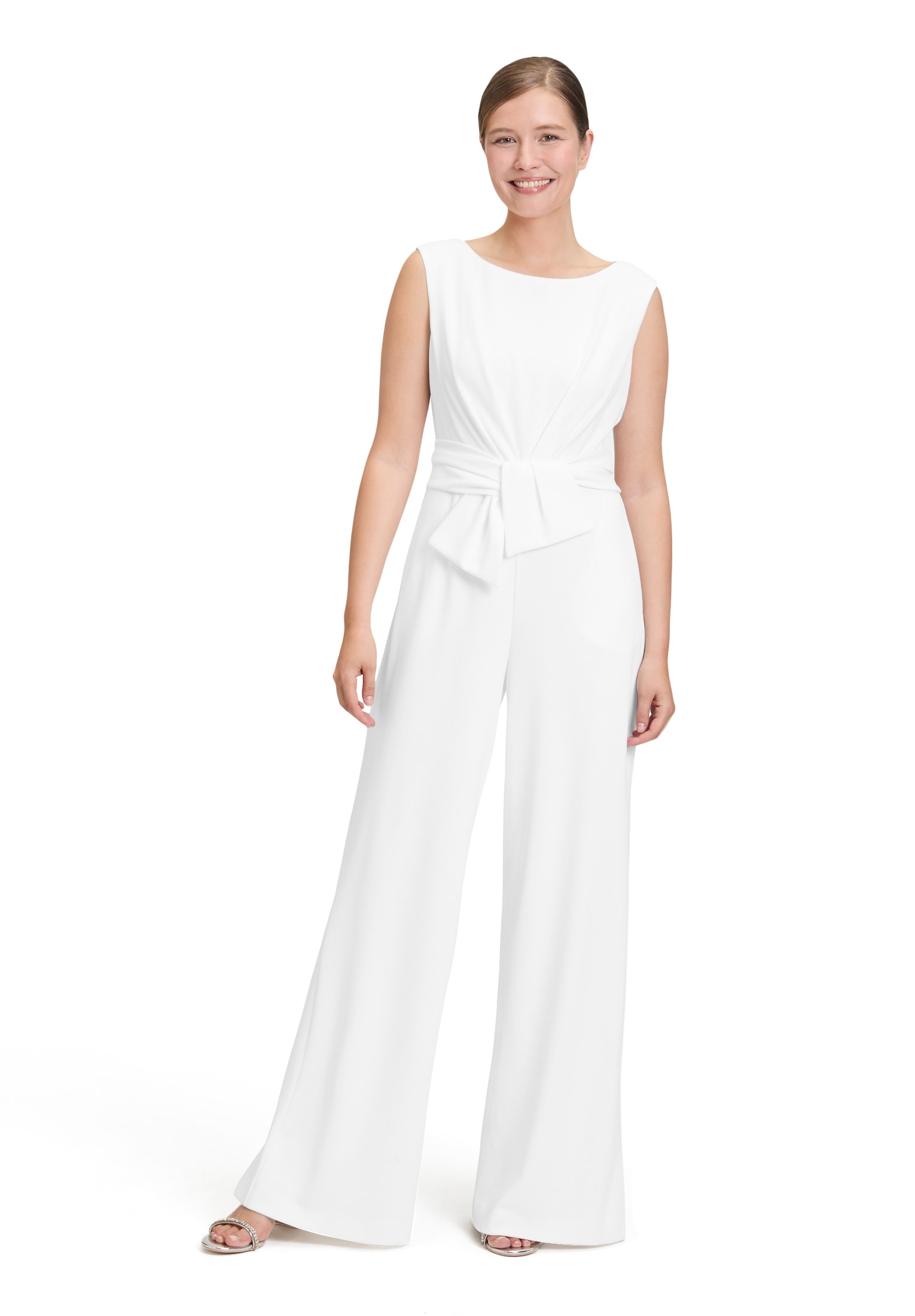 Overall VERA MONT "Damen mit weitem Bein", Damen, Gr. 34, Normalgrößen, weiß (rohweiß), Crêpe, Obermaterial: 95% Polyester, 5% Elasthan; Futter: 100% Polyester, ausgestellt, U-Boot-Ausschnitt, Overalls Overall, Bunddetail, Topseller