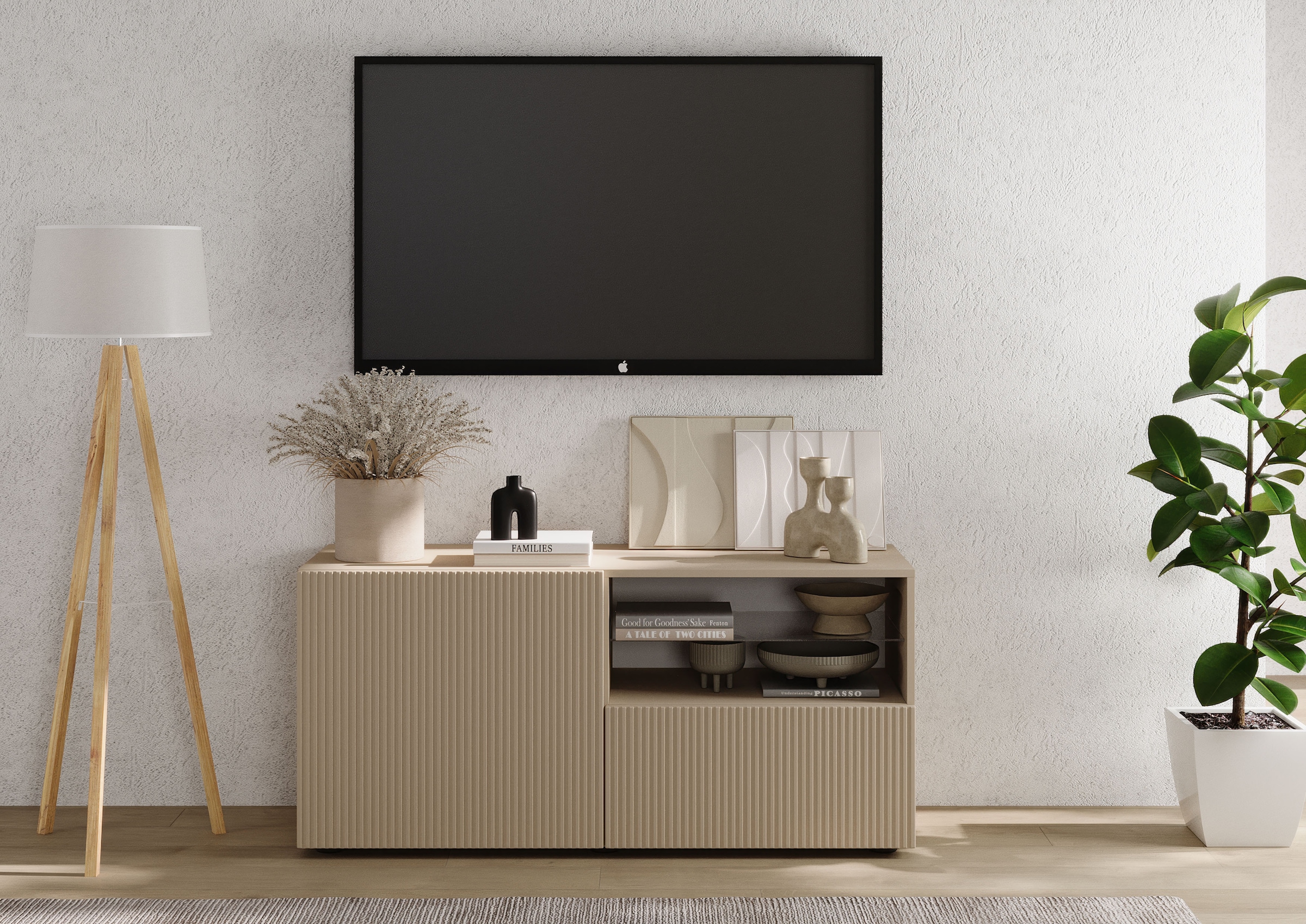 INOSIGN Lowboard »Rio Breite 120 cm, TV-Board 1 Tür u. 1 Schubkasten, TV-Schrank«, geriffelte Front, modern u. elegant, für kleine Räume