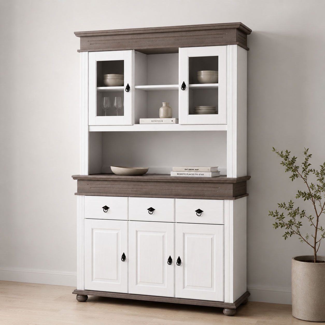 Inter Link Buffet "Halmaro, Kiefer Massivholz, Weiss/Grau-Lava, 141 x 46,30 x 213 cm" 1 Stk. tlg. Vitrine im Laudhausstil, Küchenschrank mit Glastüren, viel Stauraum