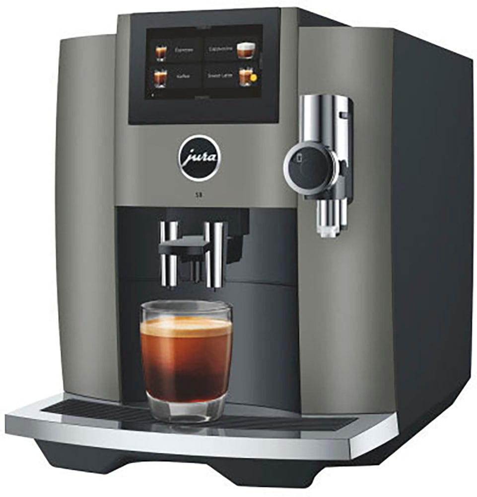 Jura Schwarz Kaffeevollautomat "15480 S8 (Eb) Dark Inox" 27 Spezialitäten Touch Sweet Foam & Sirupaufsatz von Baur