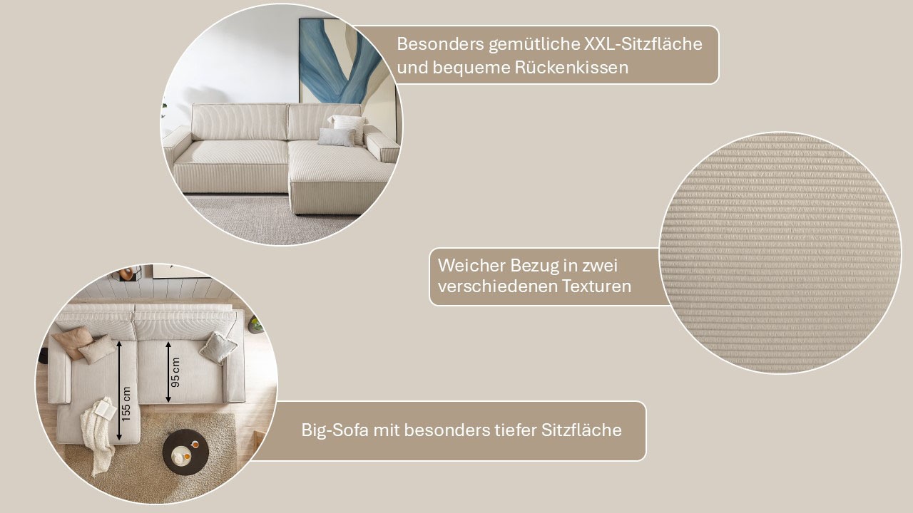 Home affaire Ecksofa »NEU: SHERWOODL XXL 284, Big-Sofa L-Form, tiefe Sitzfläche 95 cm, Cord,«, Leinenoptik, Recamiere rechts/links, auch als Schlafsofa stellbar