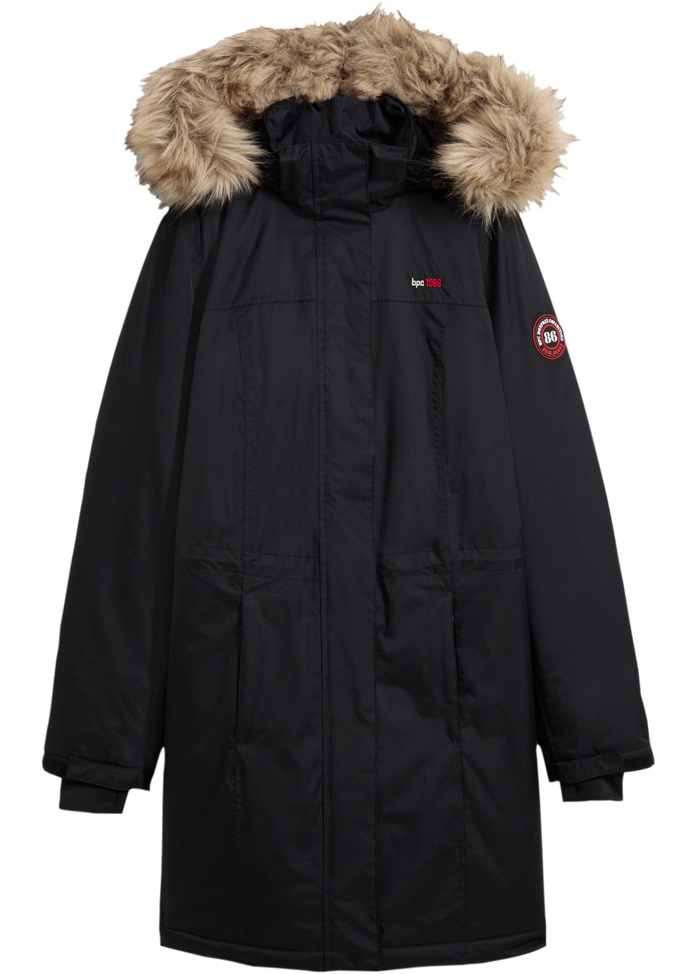 bonprix Wintermantel mit abnehmbarer Kapuze und Fell, mit Innentasche und Kabelführung