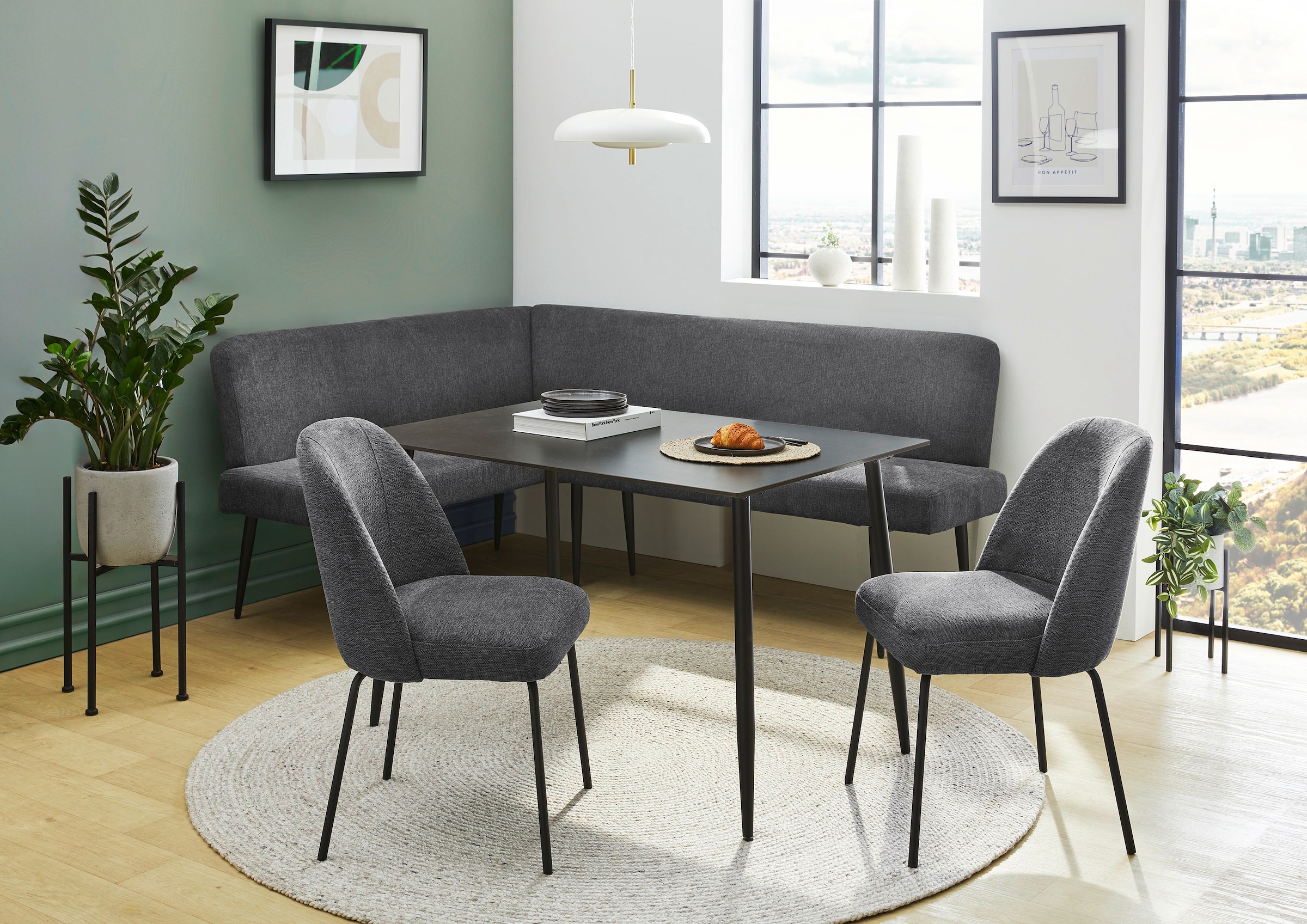 OTTO home Eckbankgruppe »Melvin (Set, 4-tlg. Tisch, Bank und 2 Stühle), Taschenfederkern« Tisch (120x75cm) schwarz, Bank und Stühle anthrazit oder beige