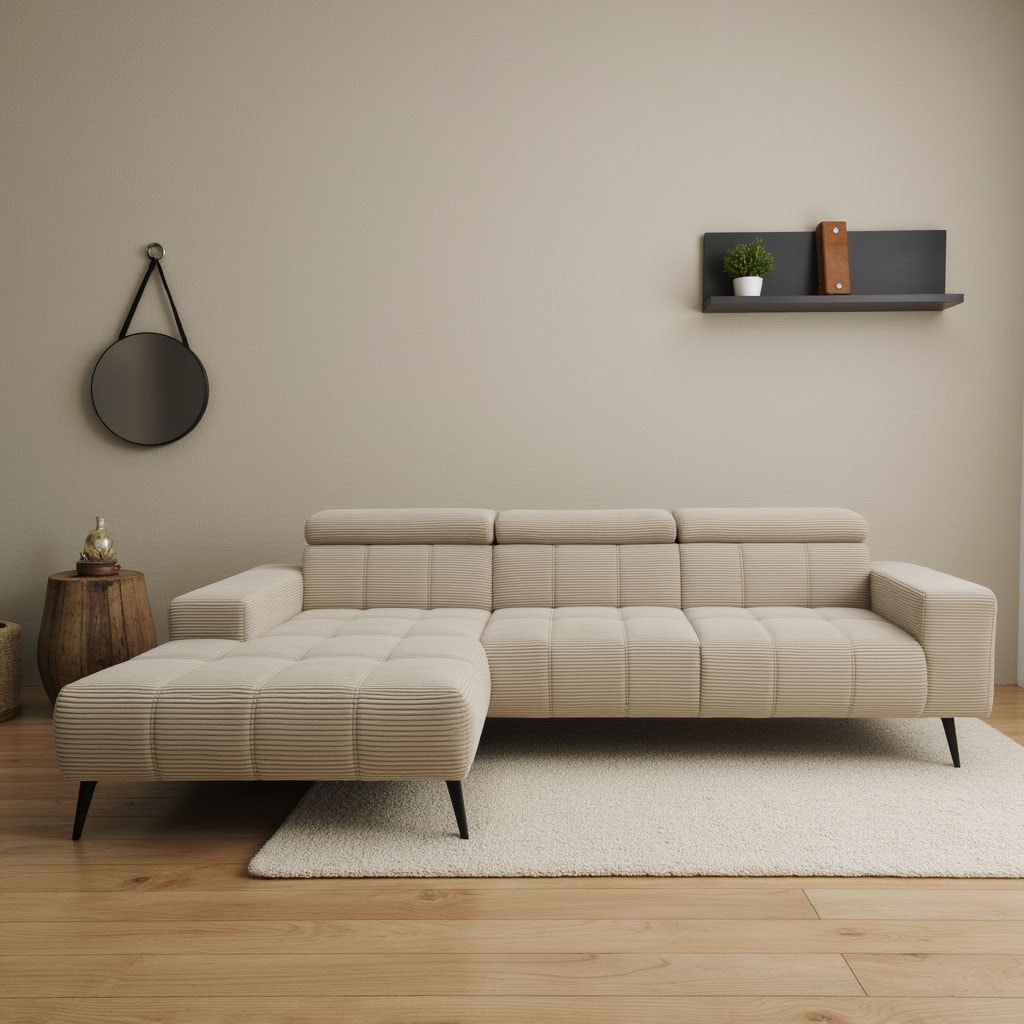 DOMO collection Ecksofa "Trento L-Form, mit Kufenfuß oder Einzelfuß" whlw. verstellbare Kopfteile, passend für gängige Saugroboter