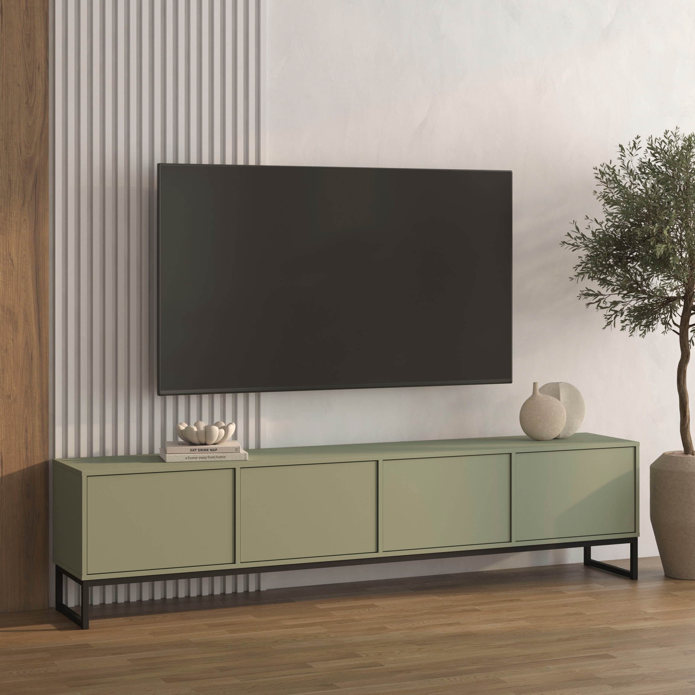 OTTO home Lowboard "Loft, Breite 208,5 cm, TV-Board mit 4 Klappen, Metallkufen" TV-Kommode mit viel Stauraum, push-to-open-Funktion