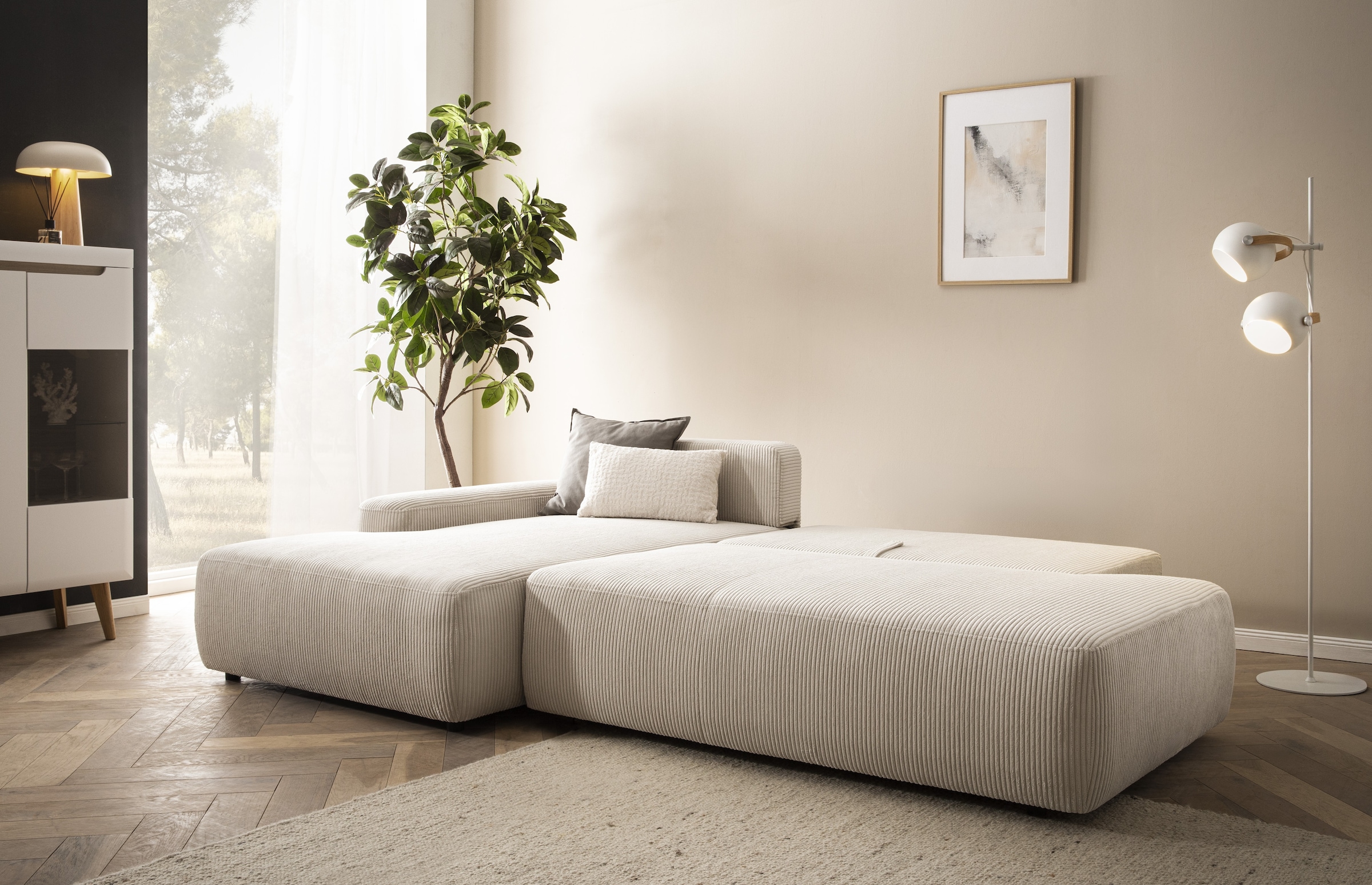 INOSIGN Ecksofa »TORGE, Schlafsofa Cord, Samtvelours u. Strukur fein, Couch in L-Form«, Schlaffunktion und Bettkasten, Liegefläche: 210x125 cm, neues Design