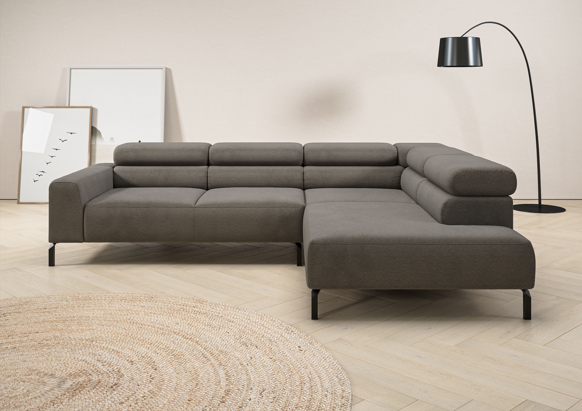 Home affaire Ecksofa "Antonelli, L-Form, inkl. Kopfteilverstellung, Breite 276 cm" ohne Sitztiefenverstellung, in Feincord, grau