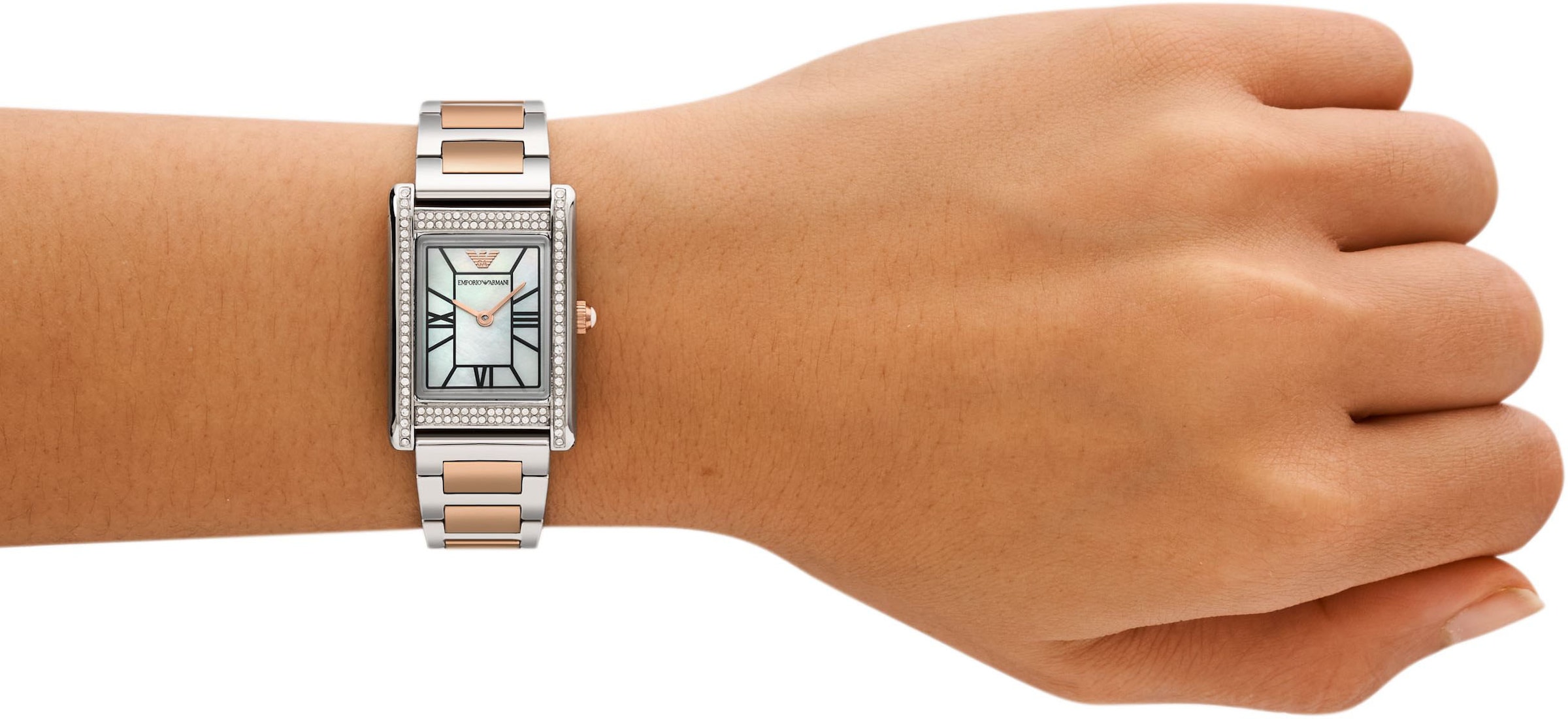 Emporio Armani Quarzuhr, Armbanduhr, Damenuhr, Edelstahlarmband, analog, Glassteine