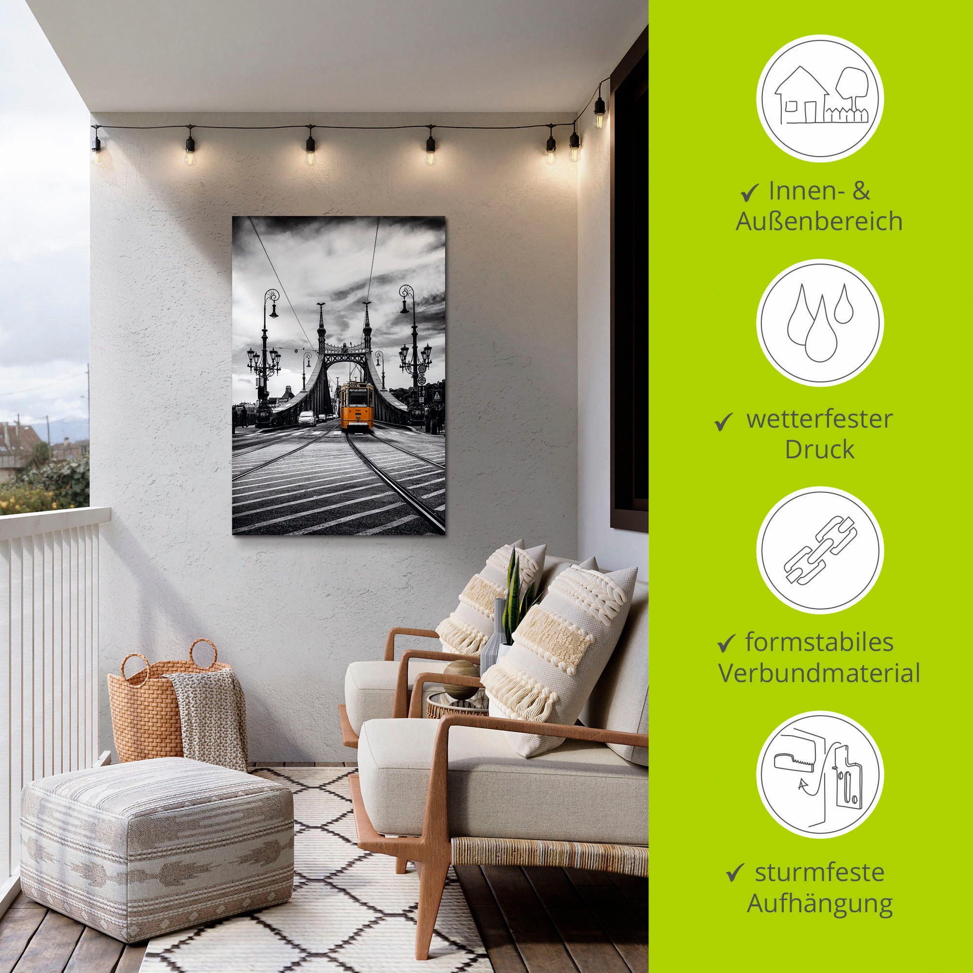 Artland Alu-Dibond-Druck »Budapest Freiheitsbrücke Straßenbahn«, Zugbilder, (1 St.), für Innen- und Außenbereich geeignet, Outdoorbild