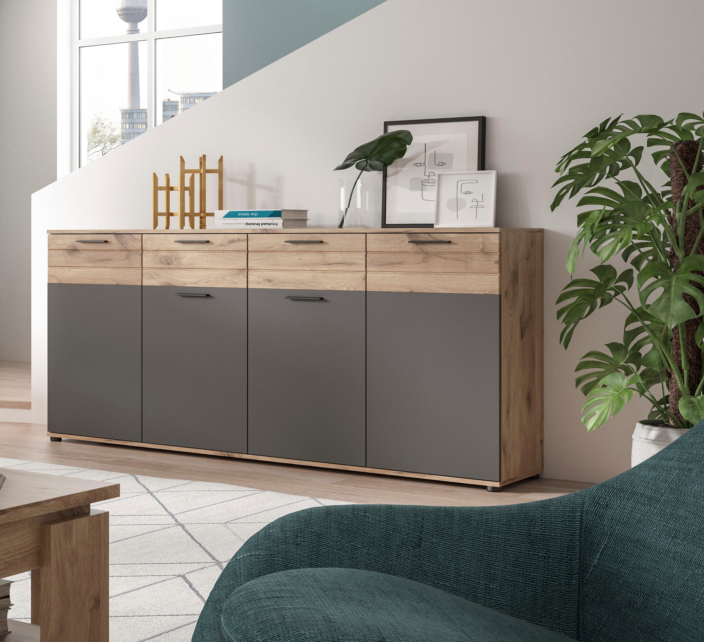 INOSIGN Sideboard »Riga, Breite 180cm, 4 Türen, 2 Schubkästen, 6 Einlegeböden, 10 Fächer«, hochwertige Rillenfräsung, mit Softclose, Kommode, Anrichte, Schrank