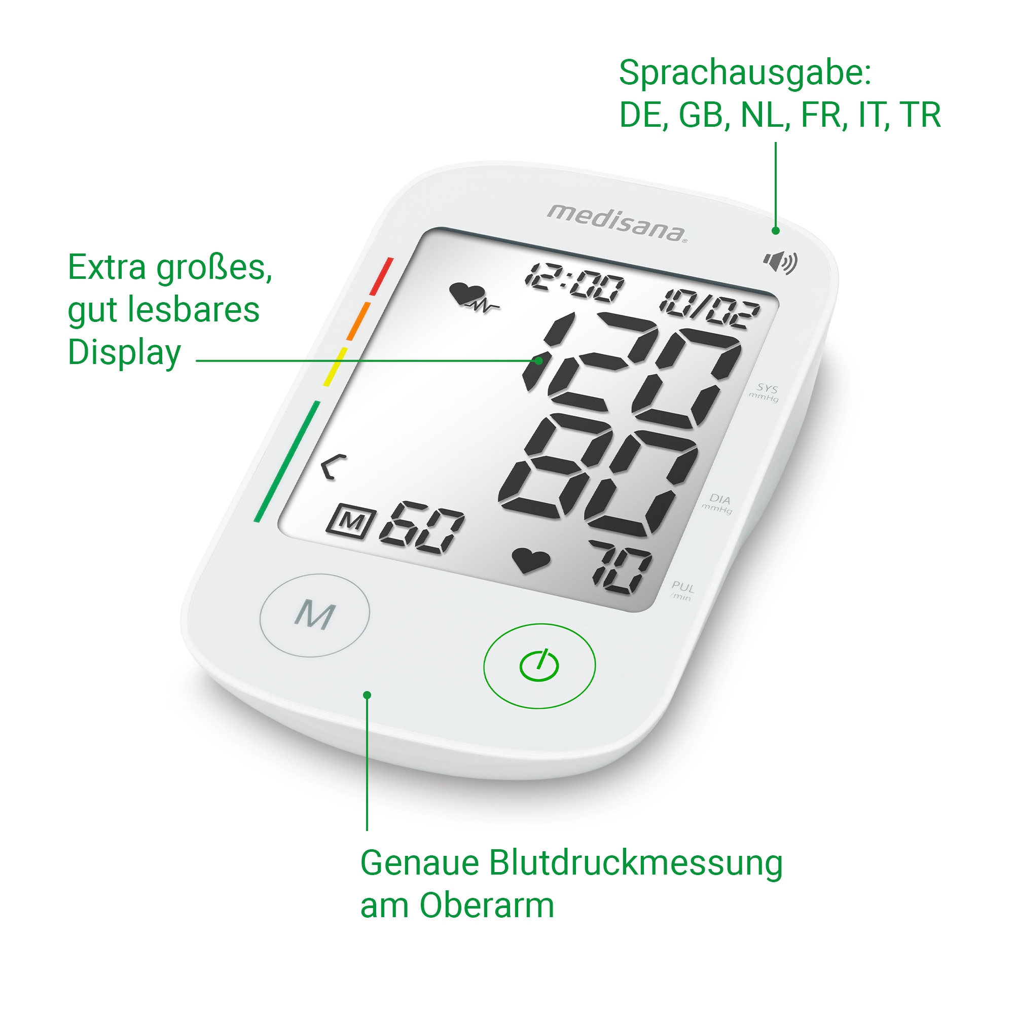 Medisana Oberarm-Blutdruckmessgerät »BU 535 Voice« Sprachausgabe, unregelmäßige Herzschlaganzeige, Je 120 Speicherplätze