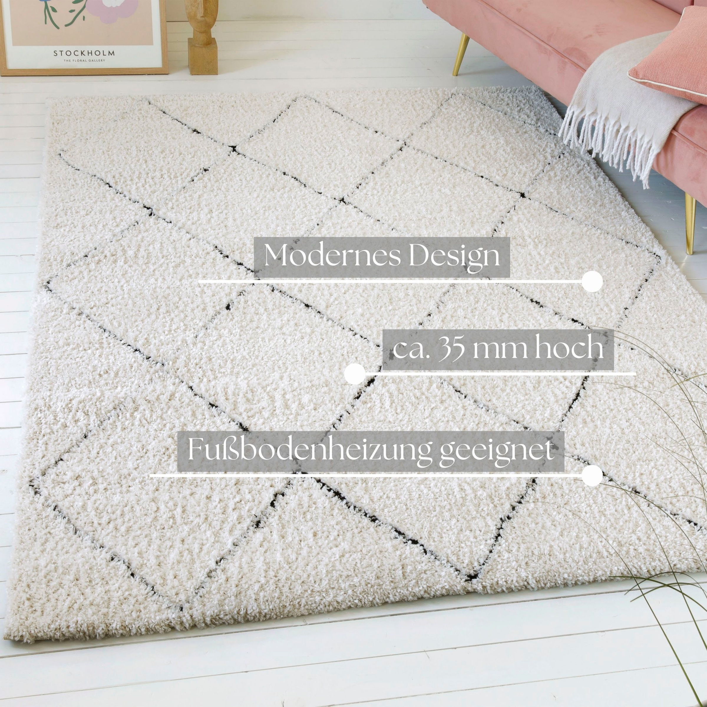 my home Hochflor-Teppich »Aveline, auch als Läufer erhältlich«, rechteckig, 35 mm Höhe, Langflor, Shaggy im Berber Stil, geometrisch, Raute, Wohnzimmer