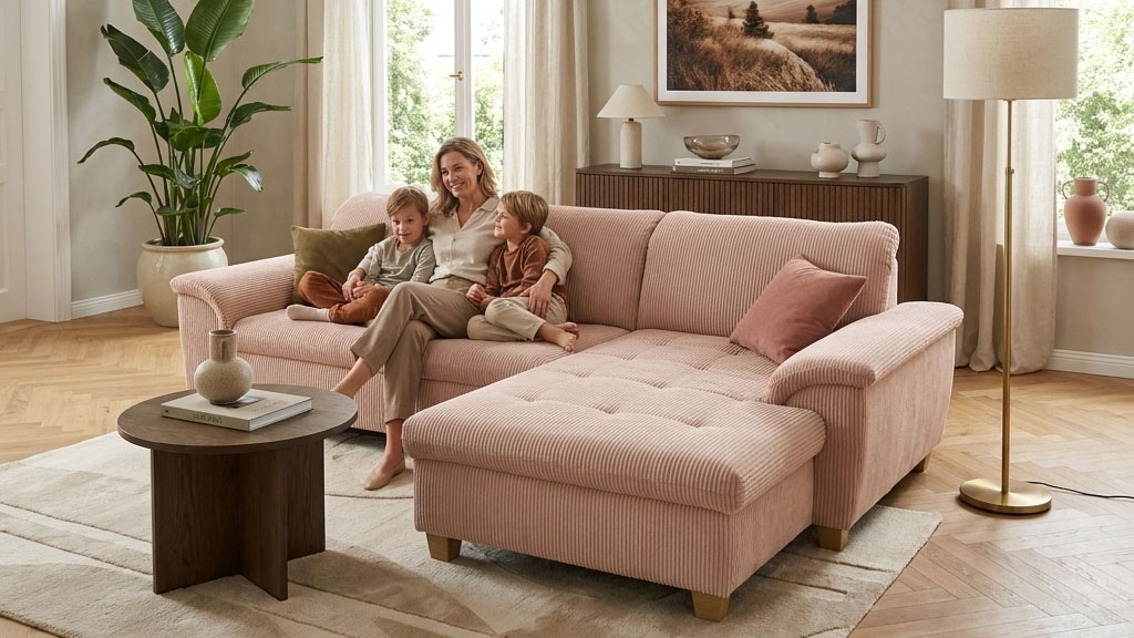 OTTO home "Eggery 279 x 170 cm, auch mit Schlaffunktion & Bettkasten, Holzfüße" Kopfteile verstellbar, L-Form, aus Pet Friendly Cord