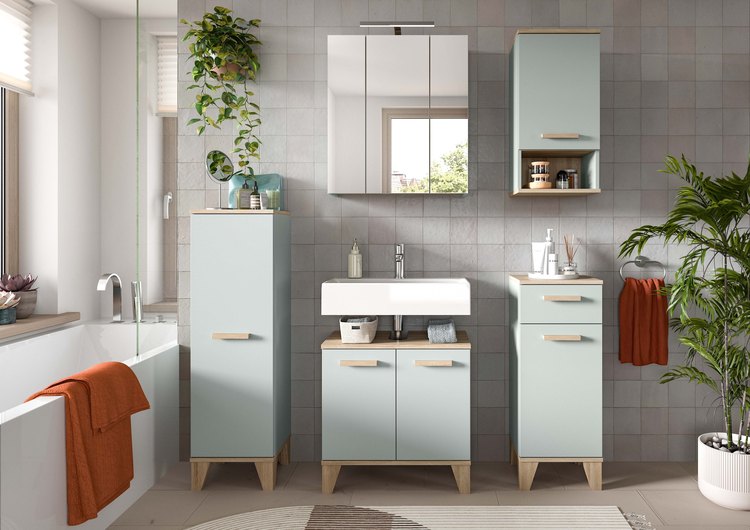 welltime Badmöbel-Set »MINTTU, 5-teilige moderne Badkombi im SCANDI-Look, inkl. Beleuchtung« bestehend aus: 2x Midischrank, WBU, Spiegelschrank, Hängeschrank, 5 Stk. tlg.