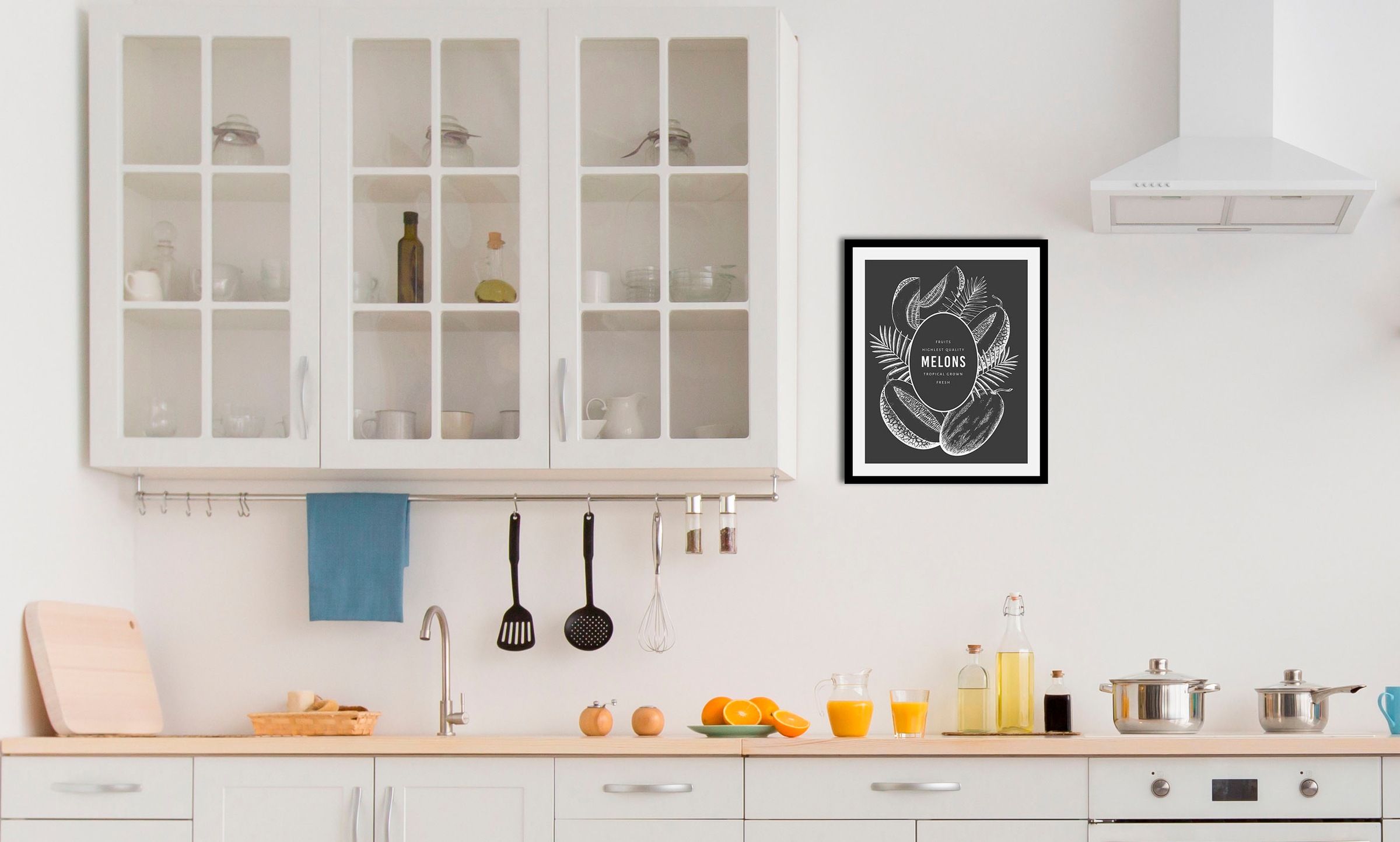 queence Bild »Melonen«, Obst-Obst Bilder-Schwarz-Weiß-Kunst, (1 St.), HD Premium Poster-Druck inkl. Holzrahmen