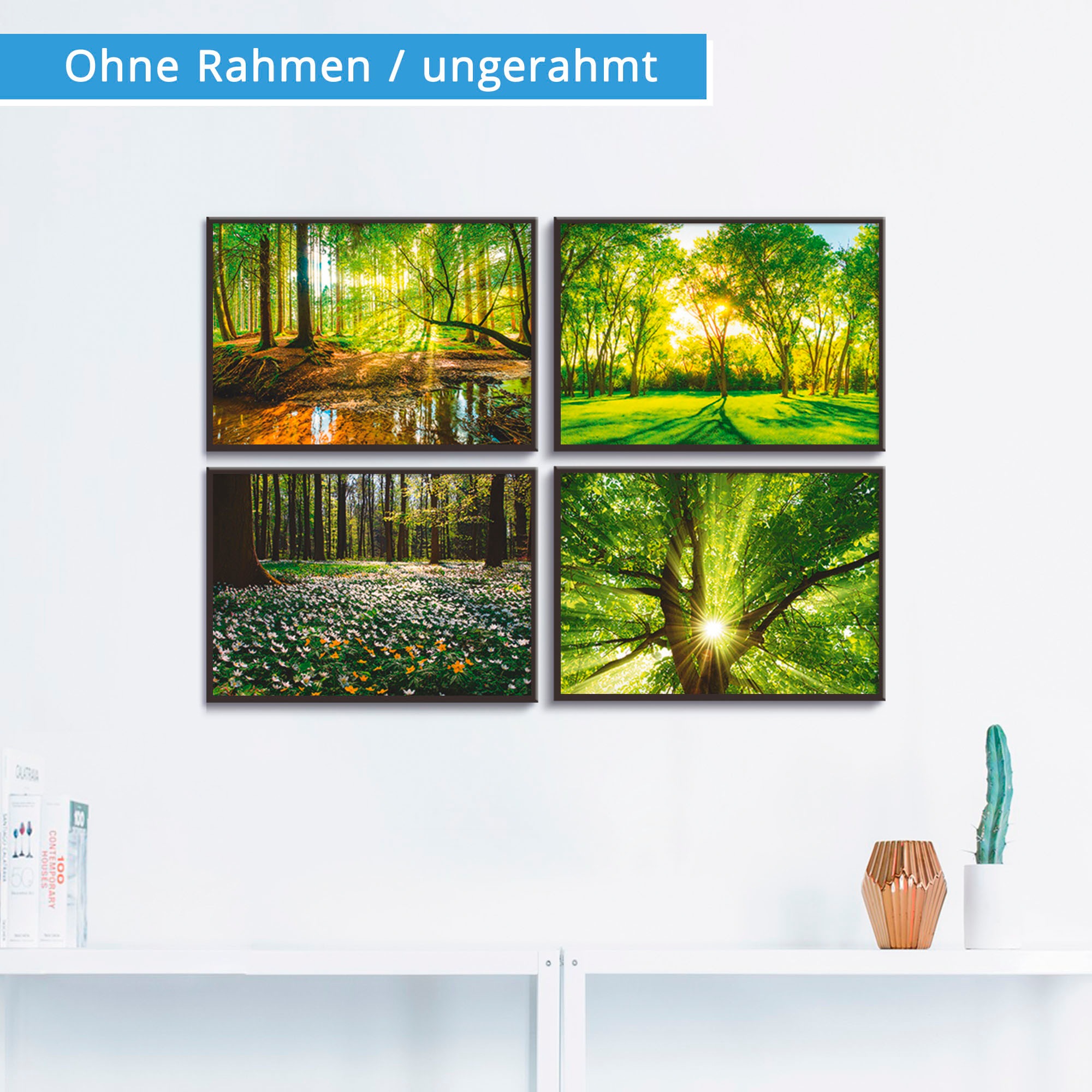 Artland Poster "Wald Bach Frühling Windrosen Sonne Baum" Wald 4 Stk. tlg. B günstig online kaufen