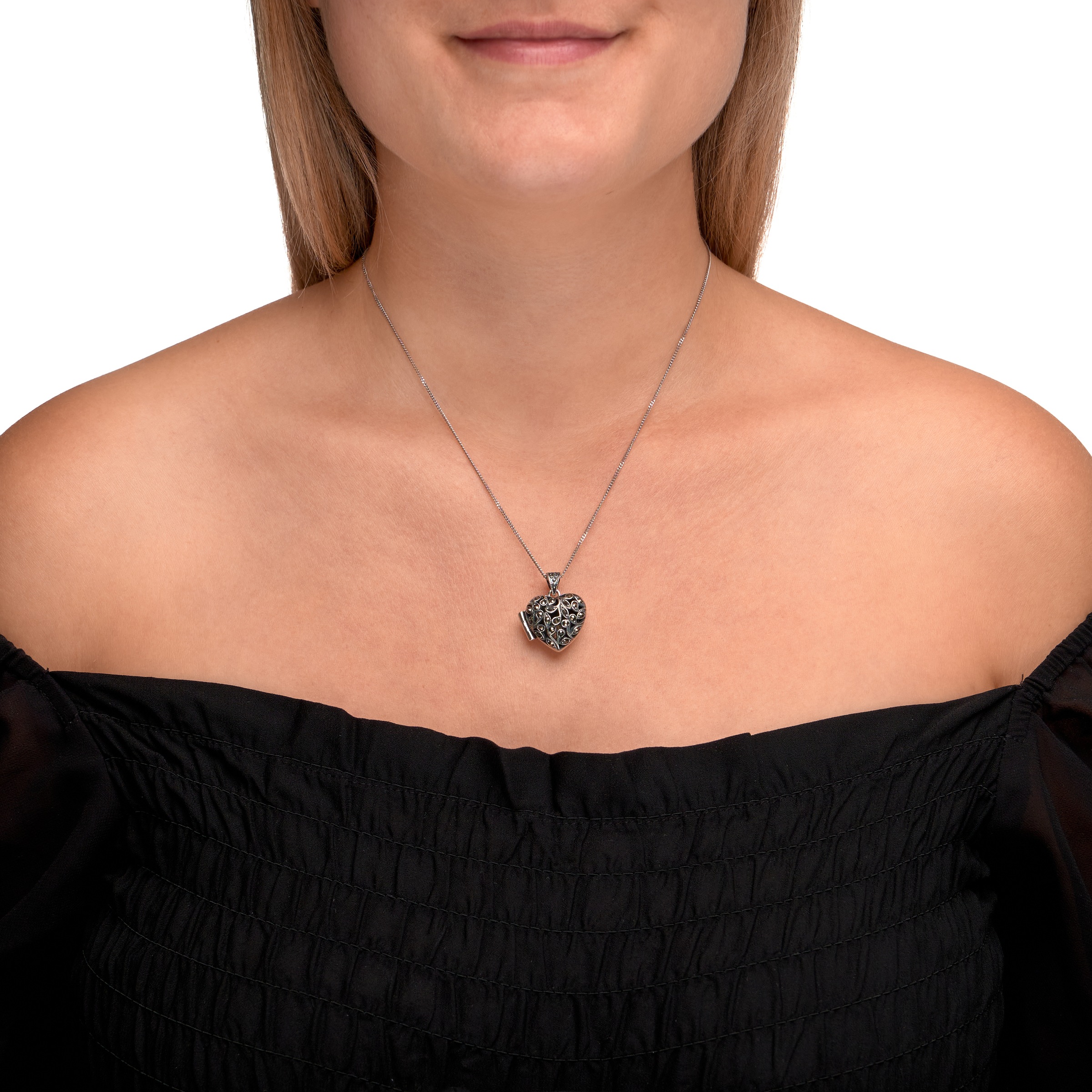Zeeme 925 Sterling Silver Heart Locket Marcasite Black 45cm 2