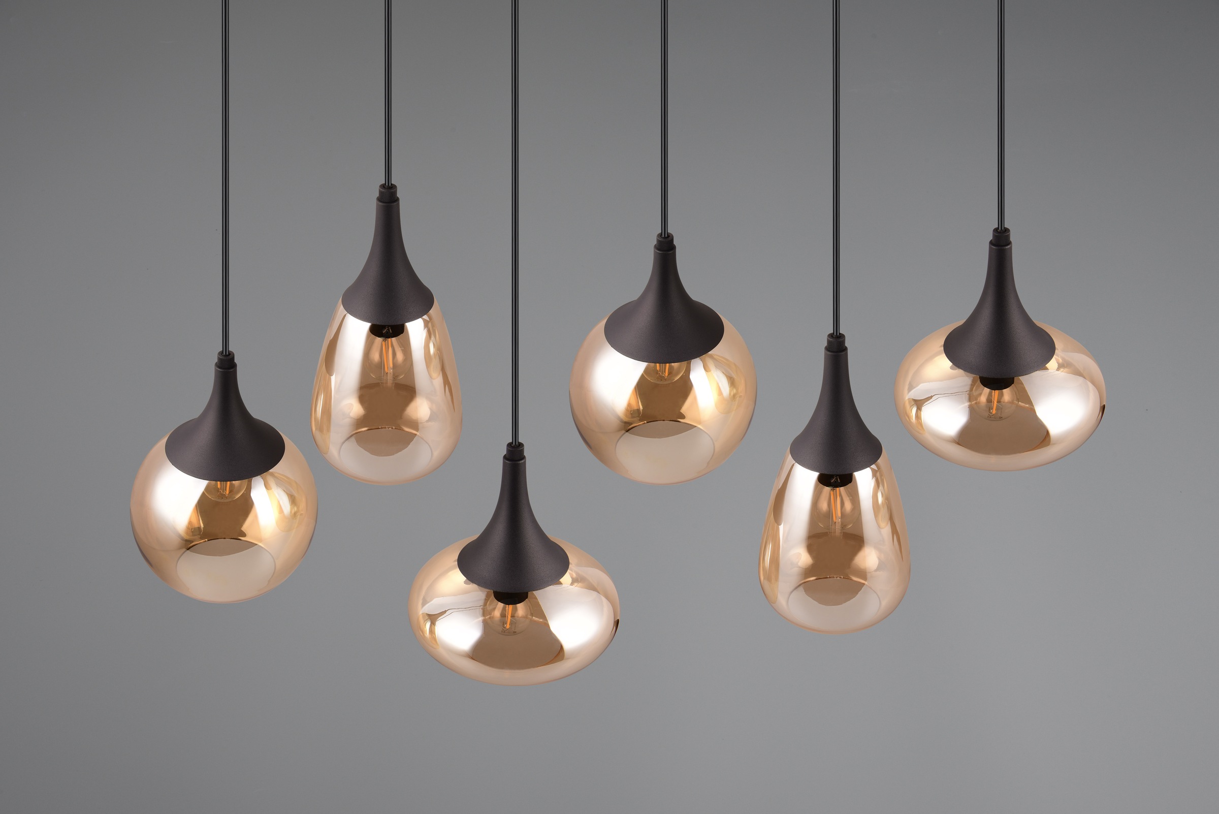 TRIO Leuchten Pendelleuchte »LUMINA, E14 Hängelampe 6-flammig Glasschirme in 3 Formen amberfarbig«, 6 flammig, Leuchtmittel E14 | Leuchtmittel wechselbar, exkl 6x E14 max 40W, Hängeleuchte höhenverstellbar bis max 150 cm