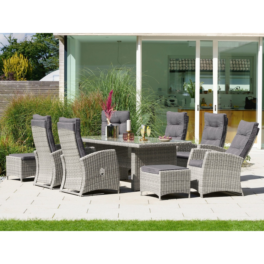 KONIFERA Garten-Essgruppe »Monaco«, (Set, 17 tlg., 6x Sessel, 2x Hocker, 1x Tisch 200x100x74cm, inkl. Auflagen)