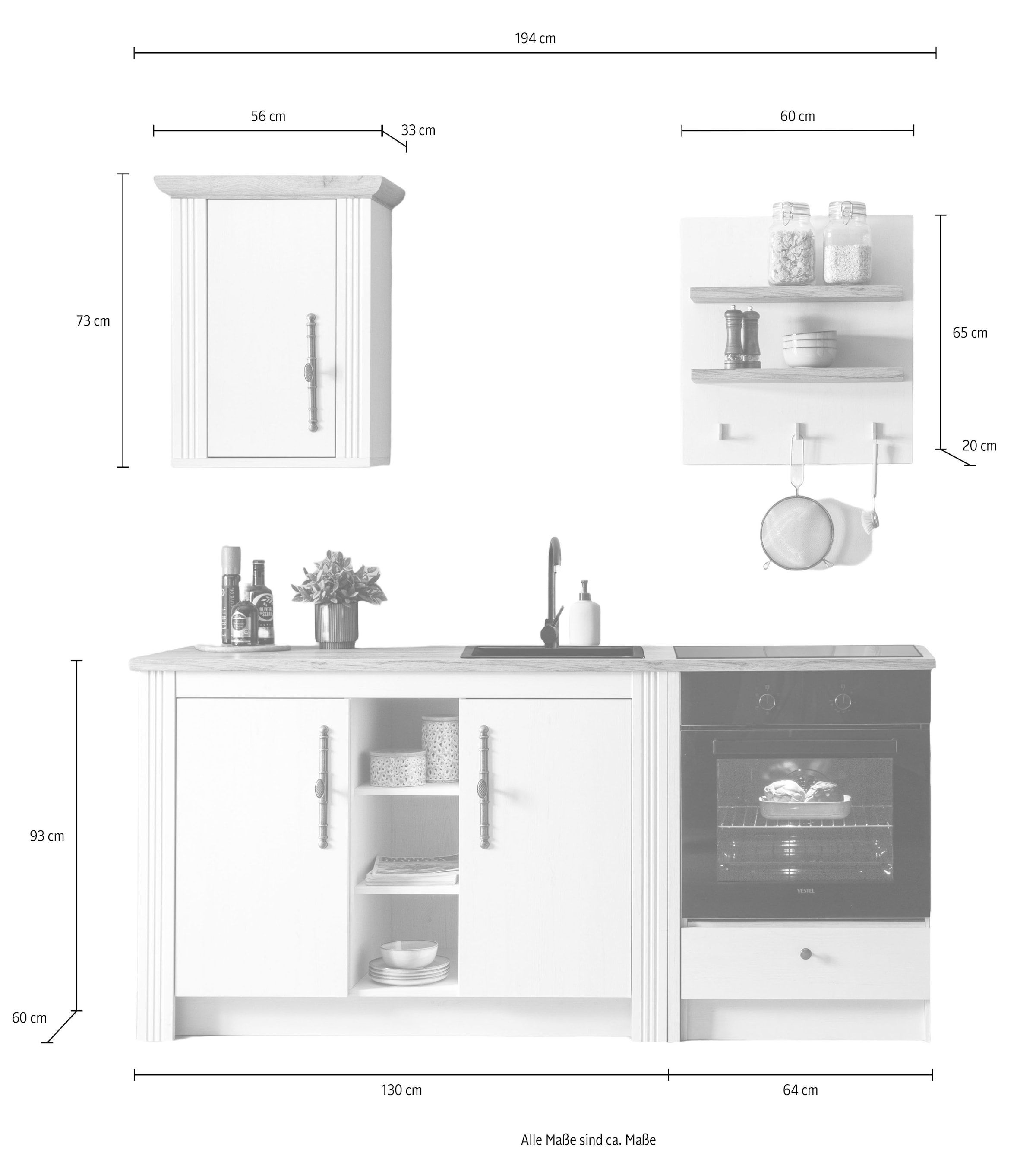 KOCHSTATION Küchenzeile »KS-Westminster, Pantryküche im Landhaus Stil, hochwertige Metallgriffe«, (Set), Breite 194 cm, Kommode, Wandpaneel, Hängeschrank und Herdumbau