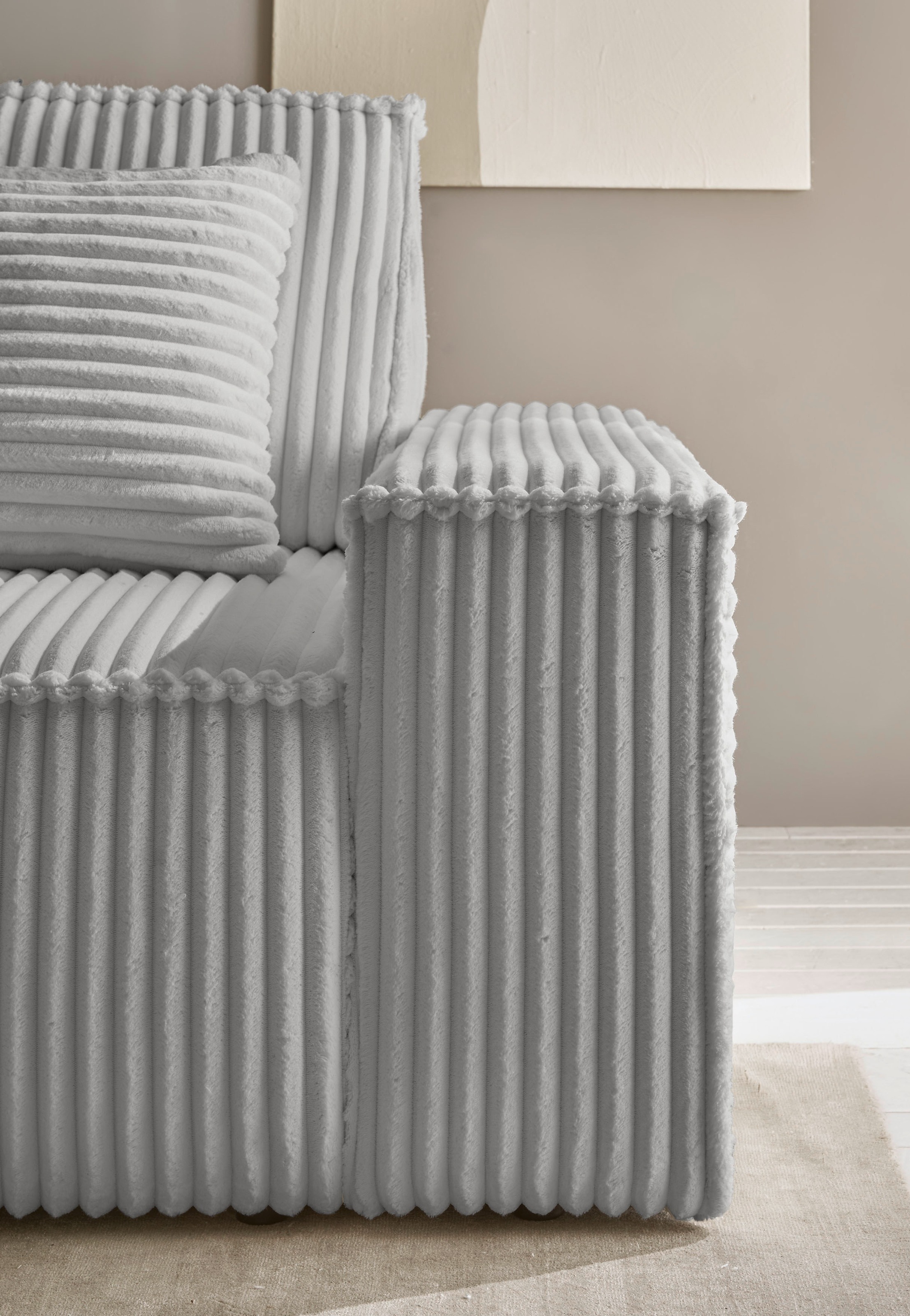 andas Ecksofa »Finnley Schlafsofa 267 cm in Bouclé, Struktur fein u. Cord, L-Form,«, Schlaffunktion m. Bettkasten (136/210 cm), Bouclé, Struktur und Cord