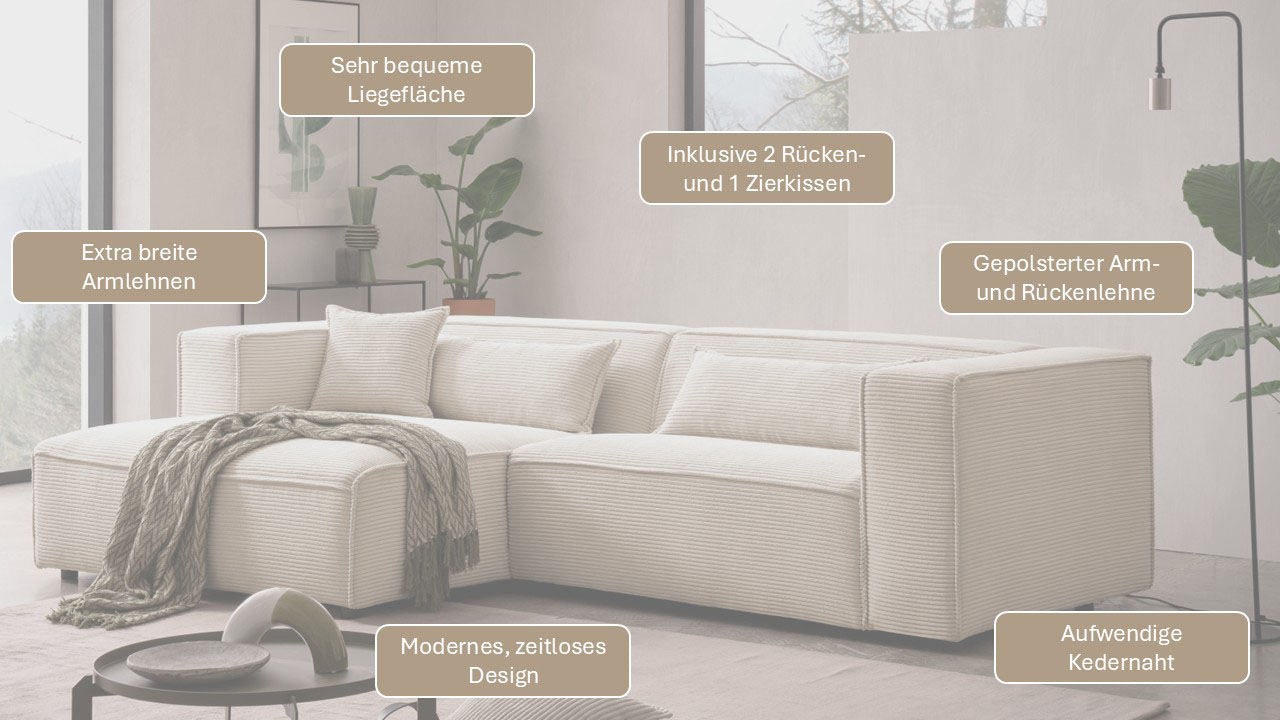 Thumbnail - LeGer Home by Lena Gercke Ecksofa "PIARA mit Kedernaht, Cord, Leinenoptik o. Strukturstoff, Couch, L-Form" wahlweise Ott...