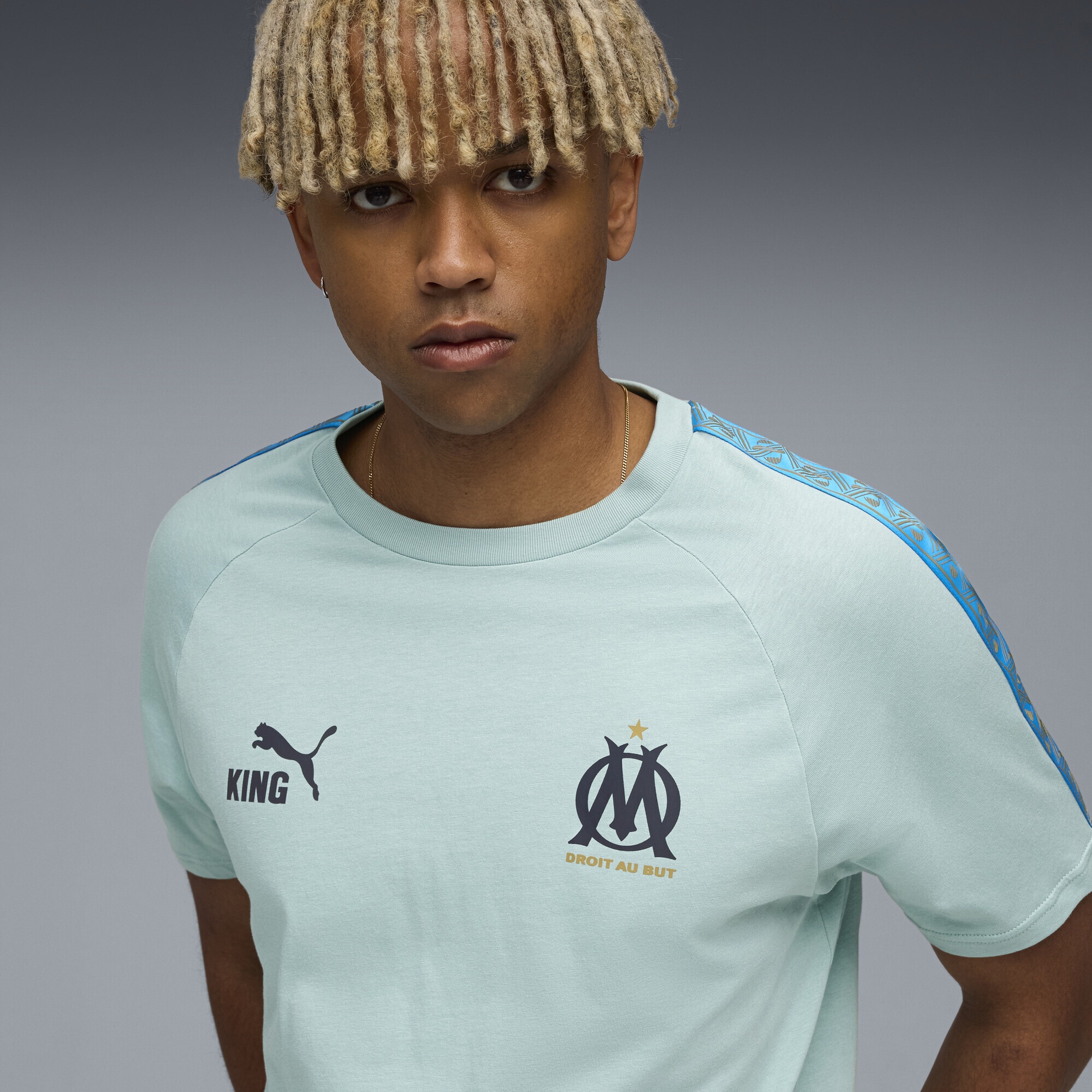 T-Shirt PUMA "Olympique de Marseille KING T-Shirt Herren", Herren, Gr. XXL, modern mint luminous blau grün, Obermaterial: 100% Baumwolle; Rippe: 71% Baumwolle, 29% Polyester; Besatz: 100% Polyester, regular fit, Rundhals, Shirts T-Shirt 2