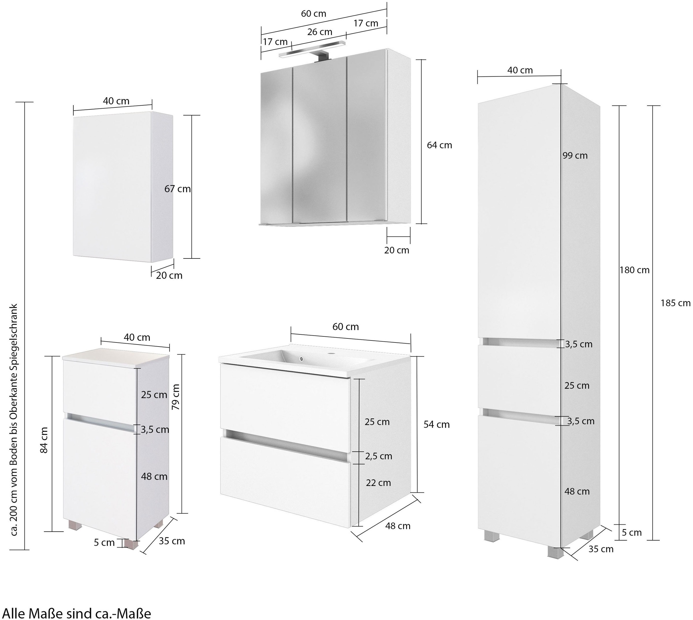 welltime Badmöbel-Set »Welltime Möbel Baabe Waschtisch-Set 3tlg. oder 5tlg.«, (5 St.), gedämpfte Scharniere und Softclose-Funktion, inklusive LED-Beleuchtung