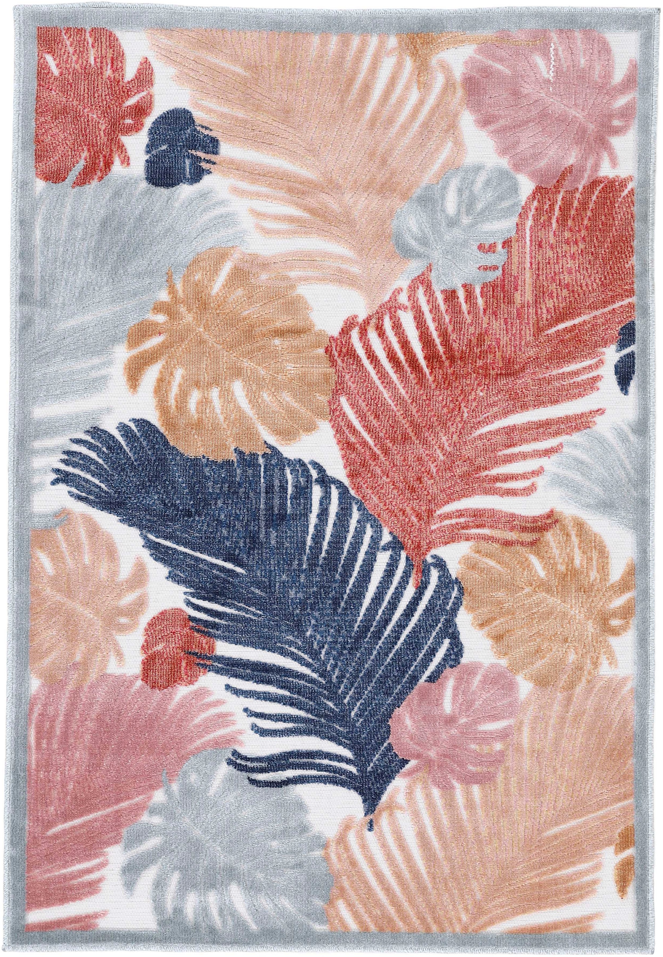carpetfine Teppich "Deja 104" rechteckig 4 mm Höhe robustes Flachgewebe, Floral Palmenblätter, In- und Outdoor, Läufer