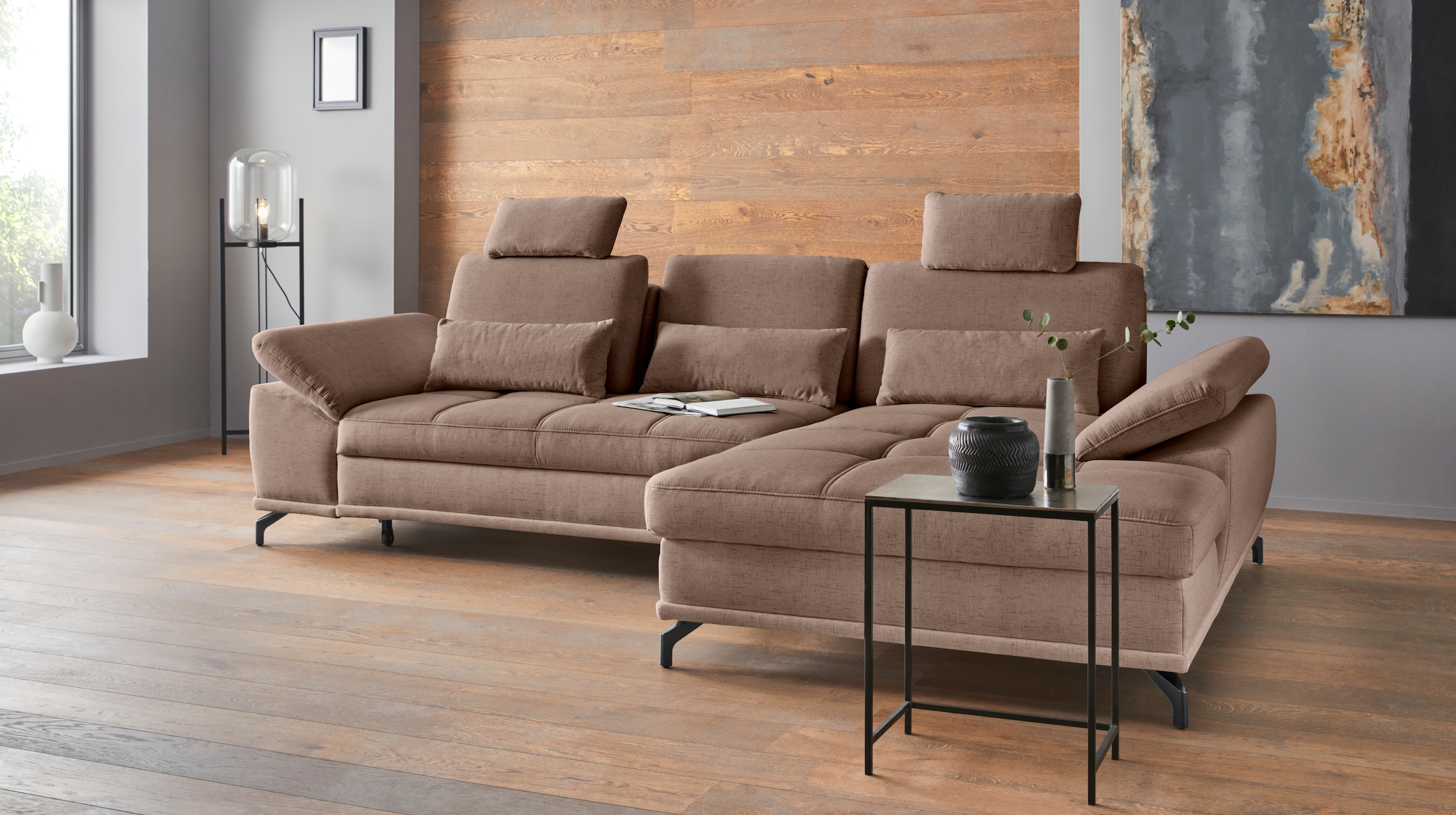 OTTO home Ecksofa "Costello L-Form, B: 301cm, Sitztiefen & Armteilverstellung, Federkern" 3 Nierenkissen, mit Schlaffunktion & Bettkasten