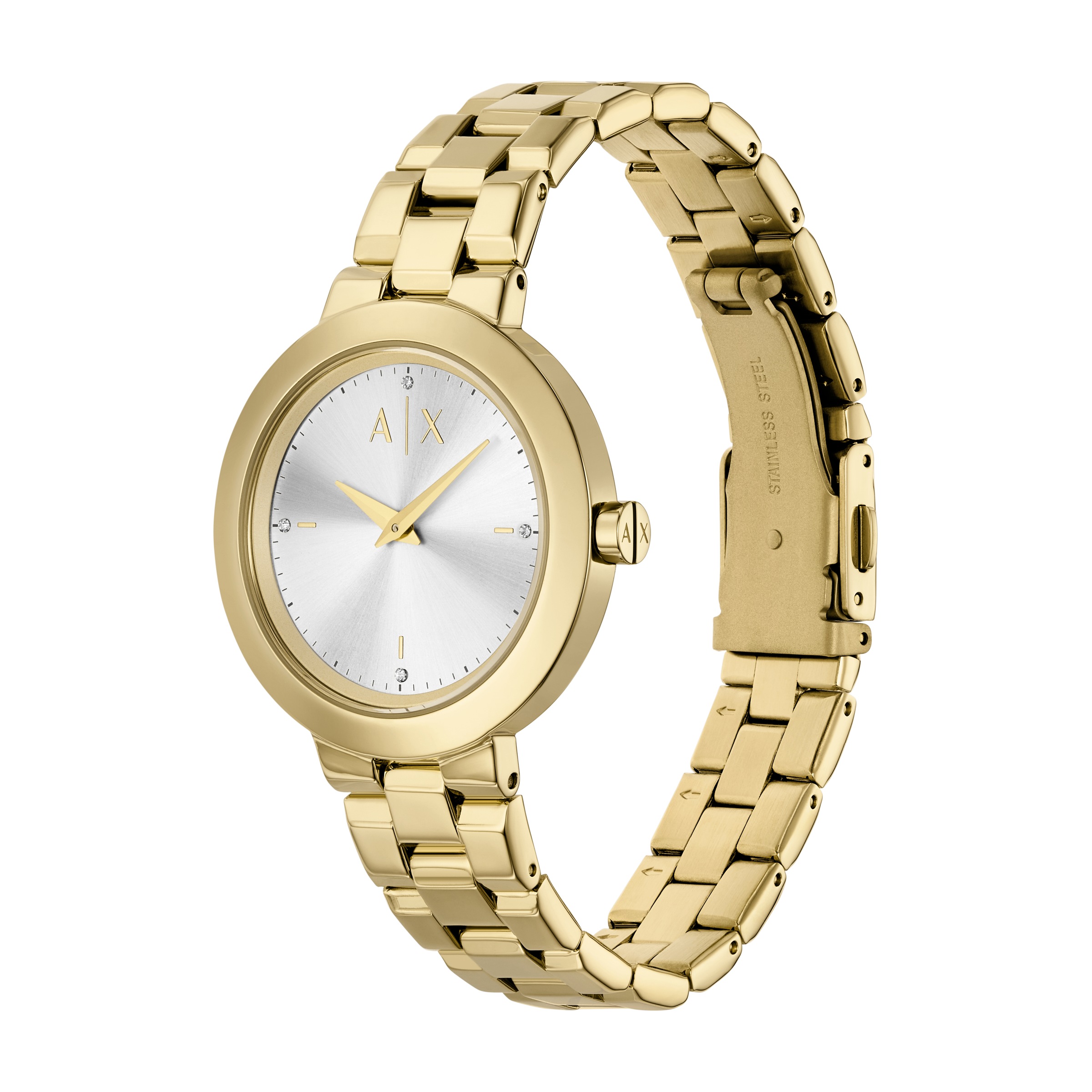 ARMANI EXCHANGE Quarzuhr, Armbanduhr, Damenuhr, Edelstahlarmband, analog, Glassteine