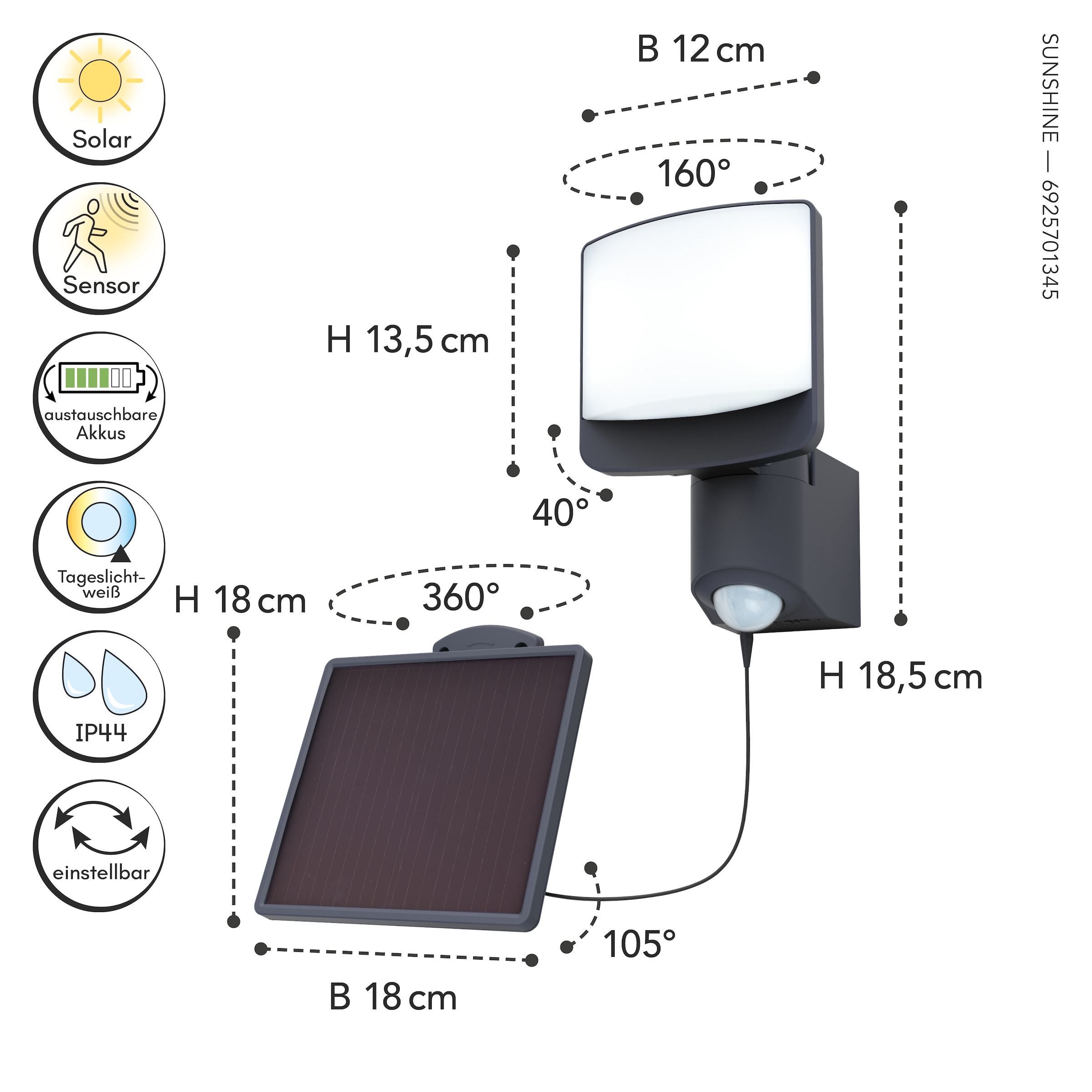 LUTEC LED Solarleuchte »LED-Solar Wandleuchte SUNSHINE«, 1 flammig, Leuchtmittel LED-Board | LED fest integriert, dreh- und schwenkbar