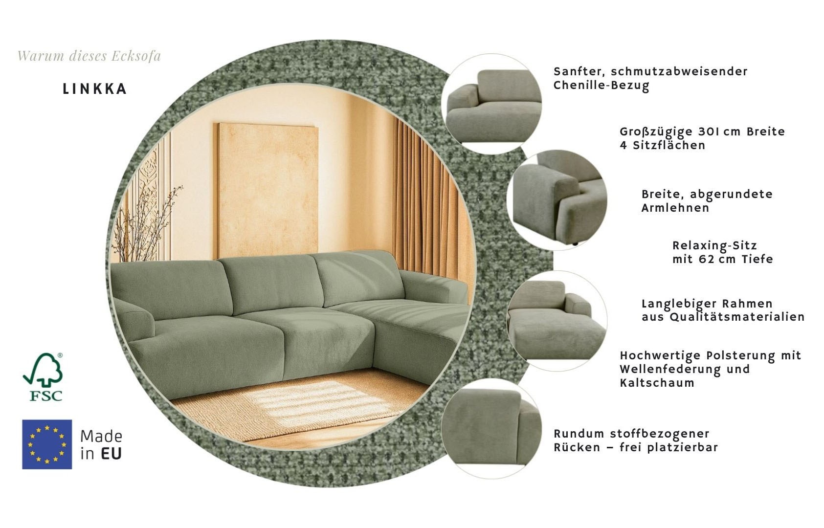 Home affaire Ecksofa »Linkka, Breite 301 cm« L-Form, in einem weichen Chenille-Stoff, mit Wellenunterfederung