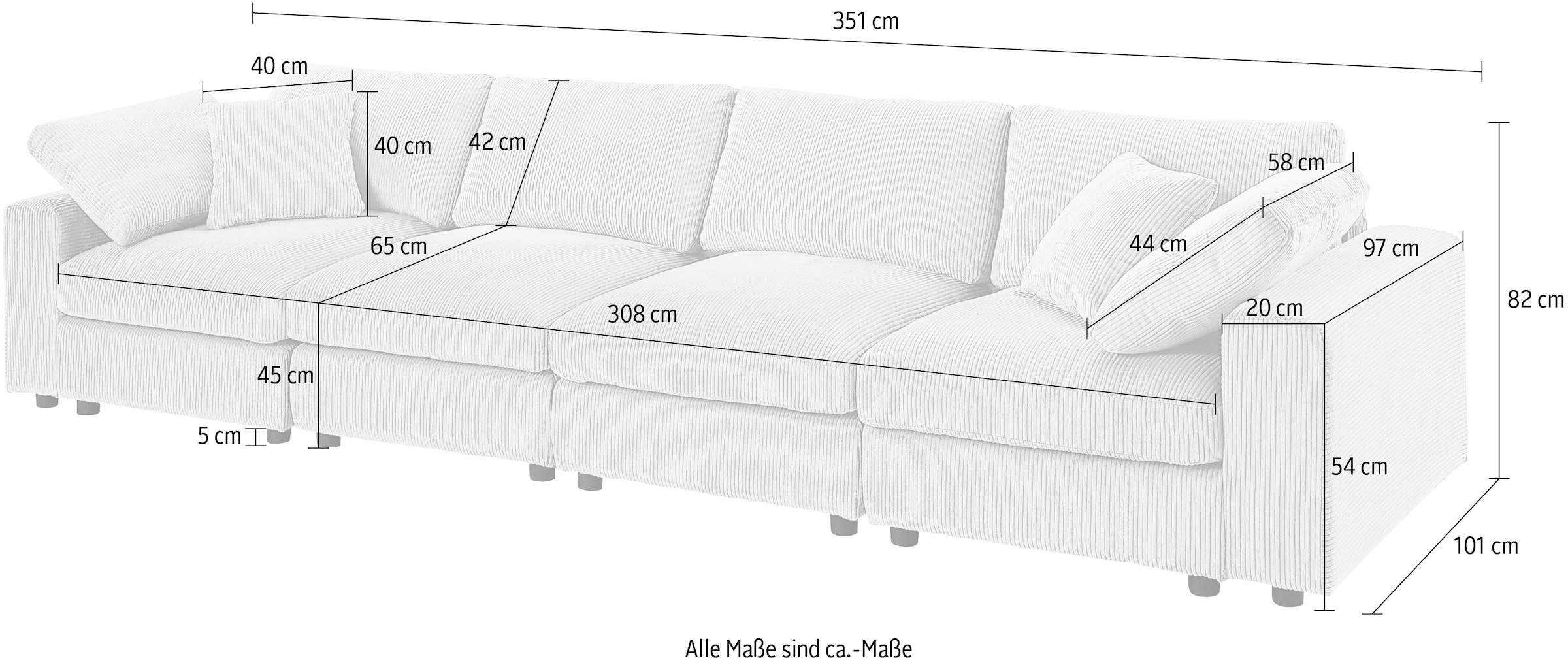 RAUM.ID 4-Sitzer »Bennid, XXL-Modulsofa mit vielen individuellen Stellmöglichkeiten«, (Set, 4 St.), inklusive 2 großen & 2 kleinen Zierkissen im flauschigen Cord