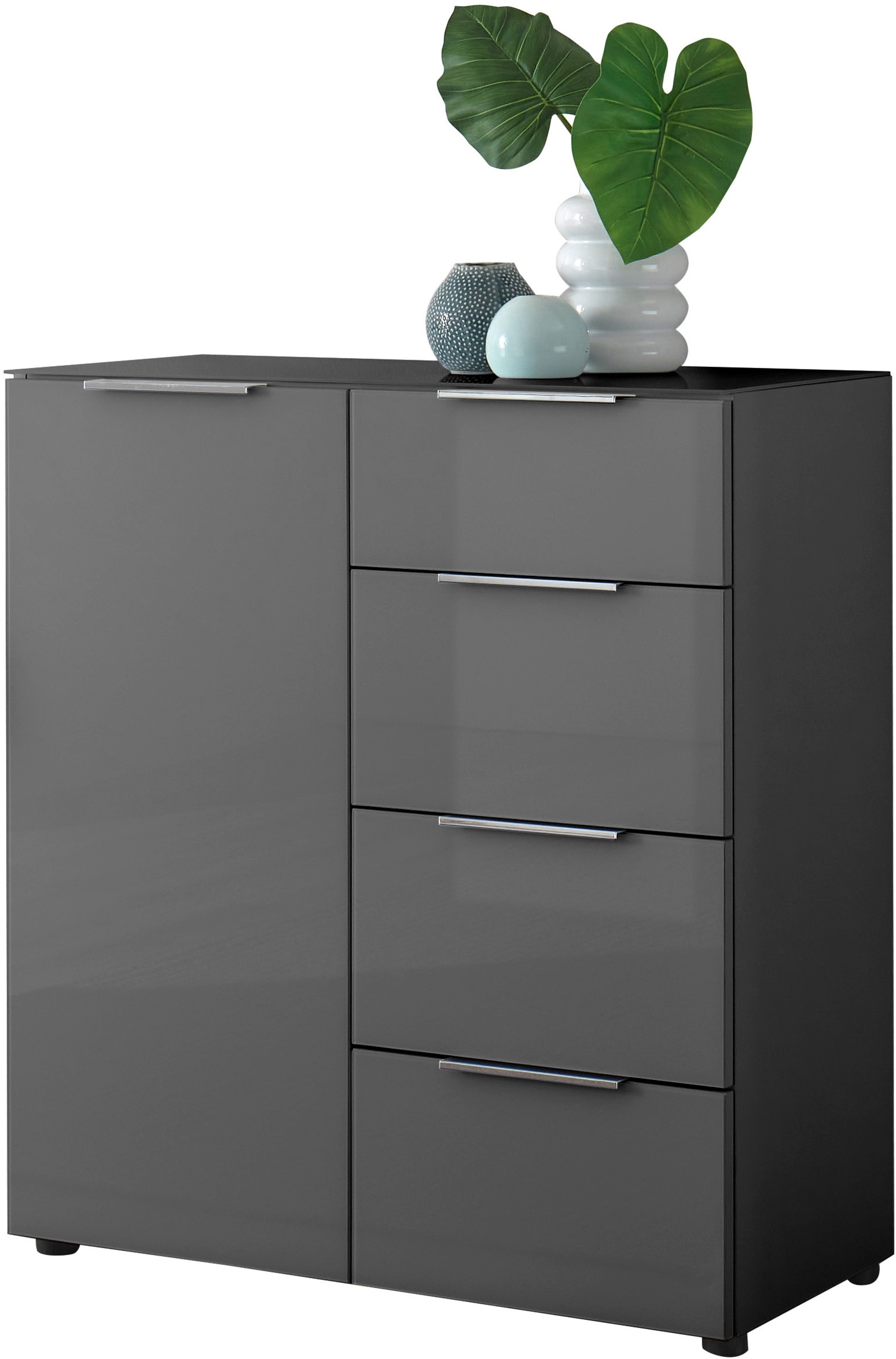 HBZ Sideboard »Santorin Mehrzweckschrank-Universalschrank, BxHxT 90x99x40 cm«, (1 St.), Mit 1 Tür und 4 Schubkästen mit Softclose, Glasfront und Glasoberboden